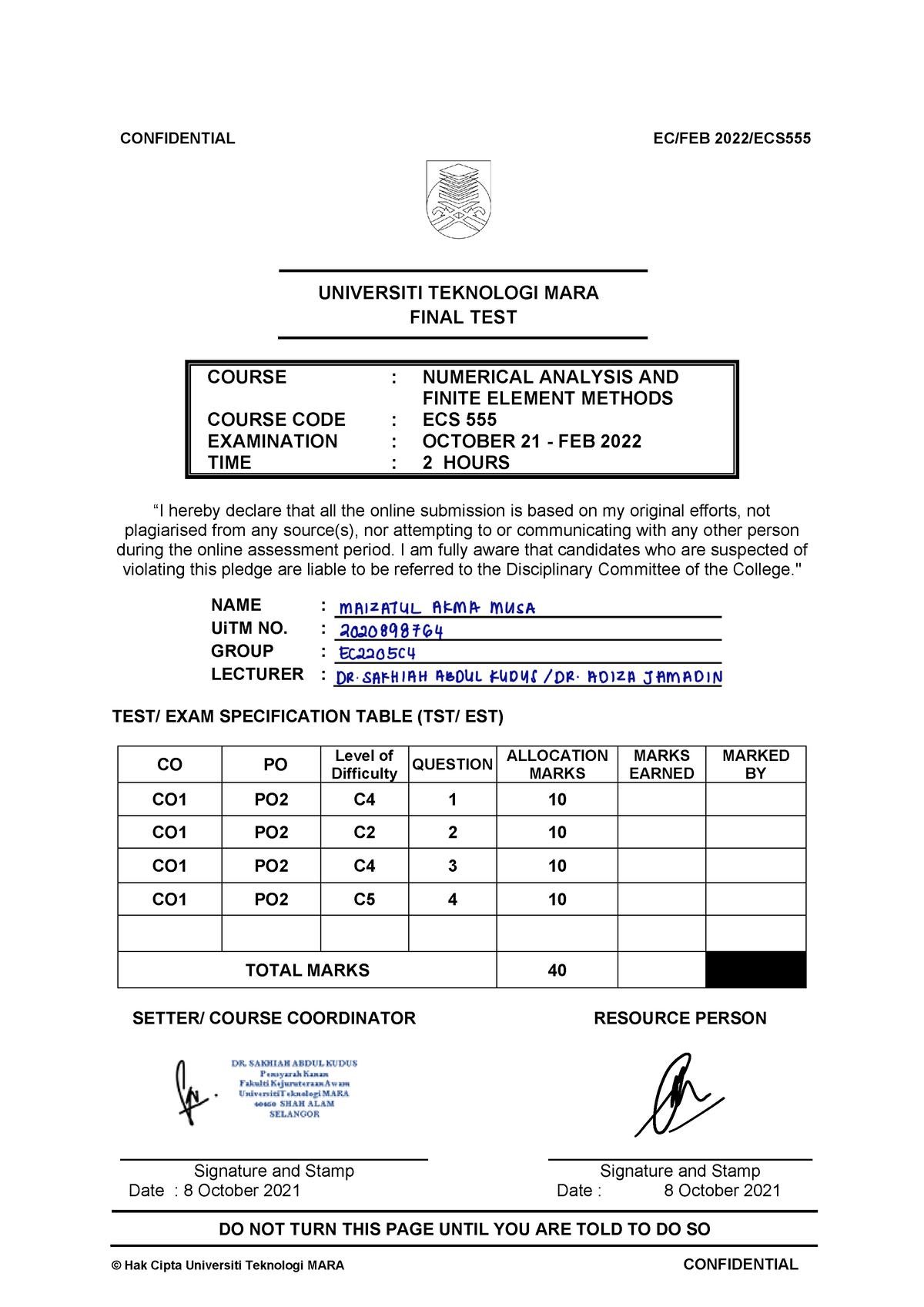 5C4 Maizatul AKMA MUSA 2020898764 - CONFIDENTIAL EC/FEB 202 2/ECS55 5 ...