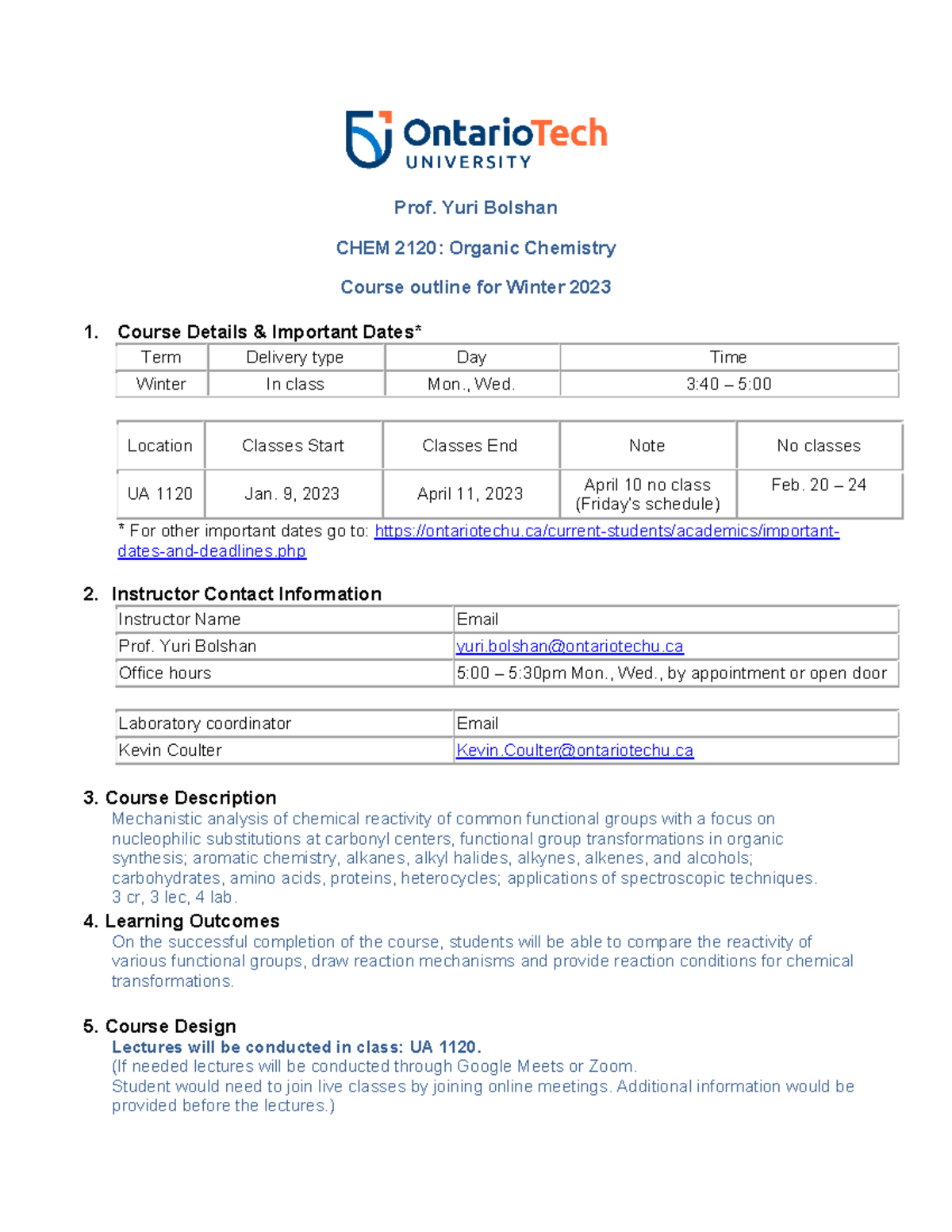Syllabus Winter 2023 1 - Prof. Yuri Bolshan CHEM 2120: Organic ...