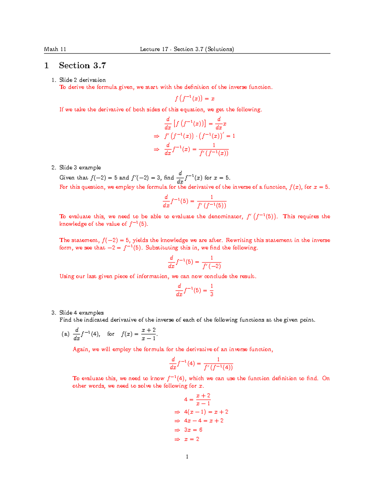 Lecture 17 solutions 1 Section 3. Slide 2 derivation To derive the