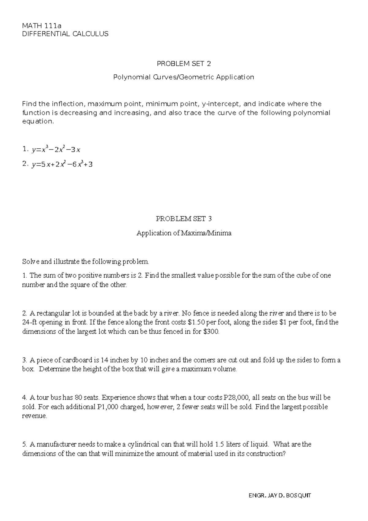 Problem-SET-2 - PROBLEM SET - MATH 111a DIFFERENTIAL CALCULUS PROBLEM ...