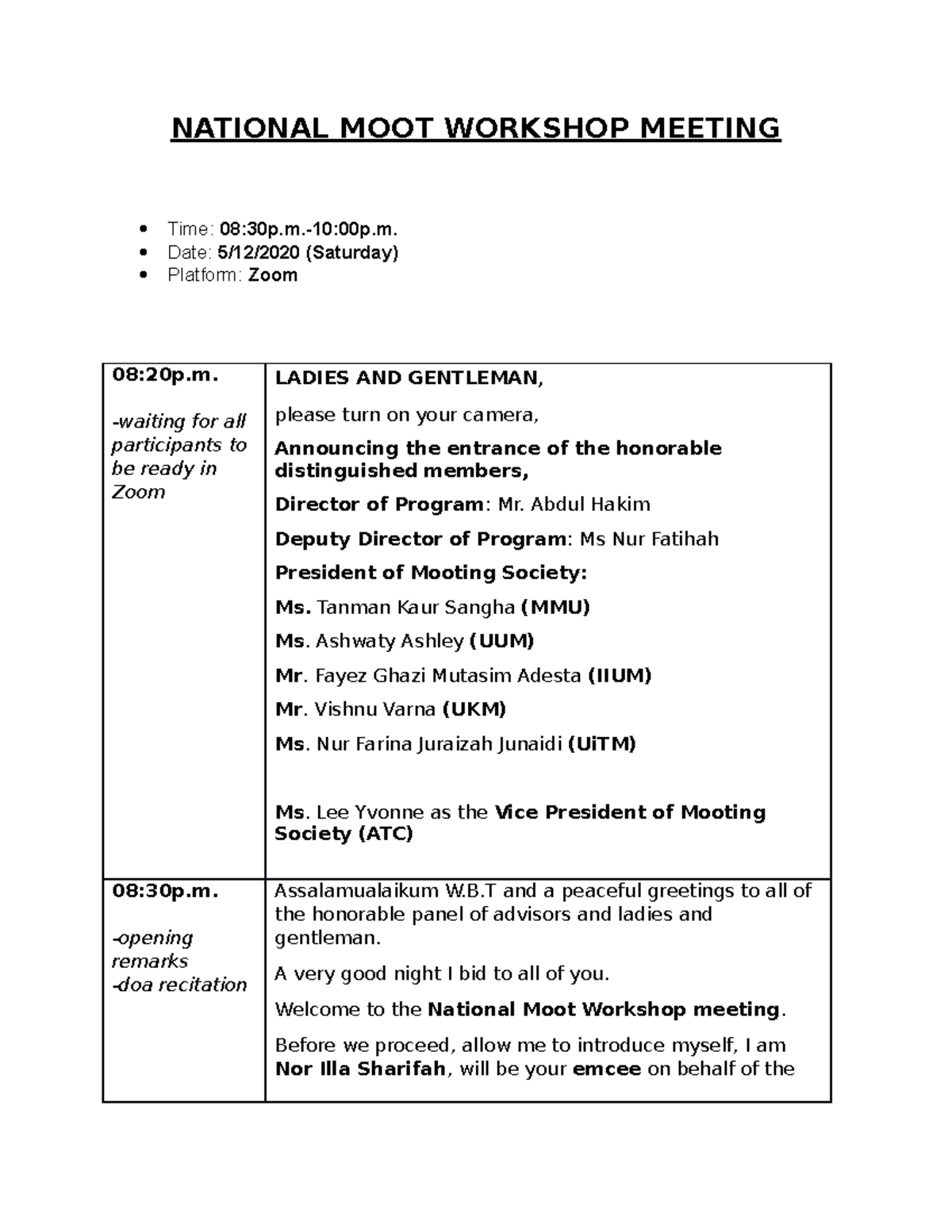 Emcee Script 210117 - NATIONAL MOOT WORKSHOP MEETING Time: 08:30p.-10 ...