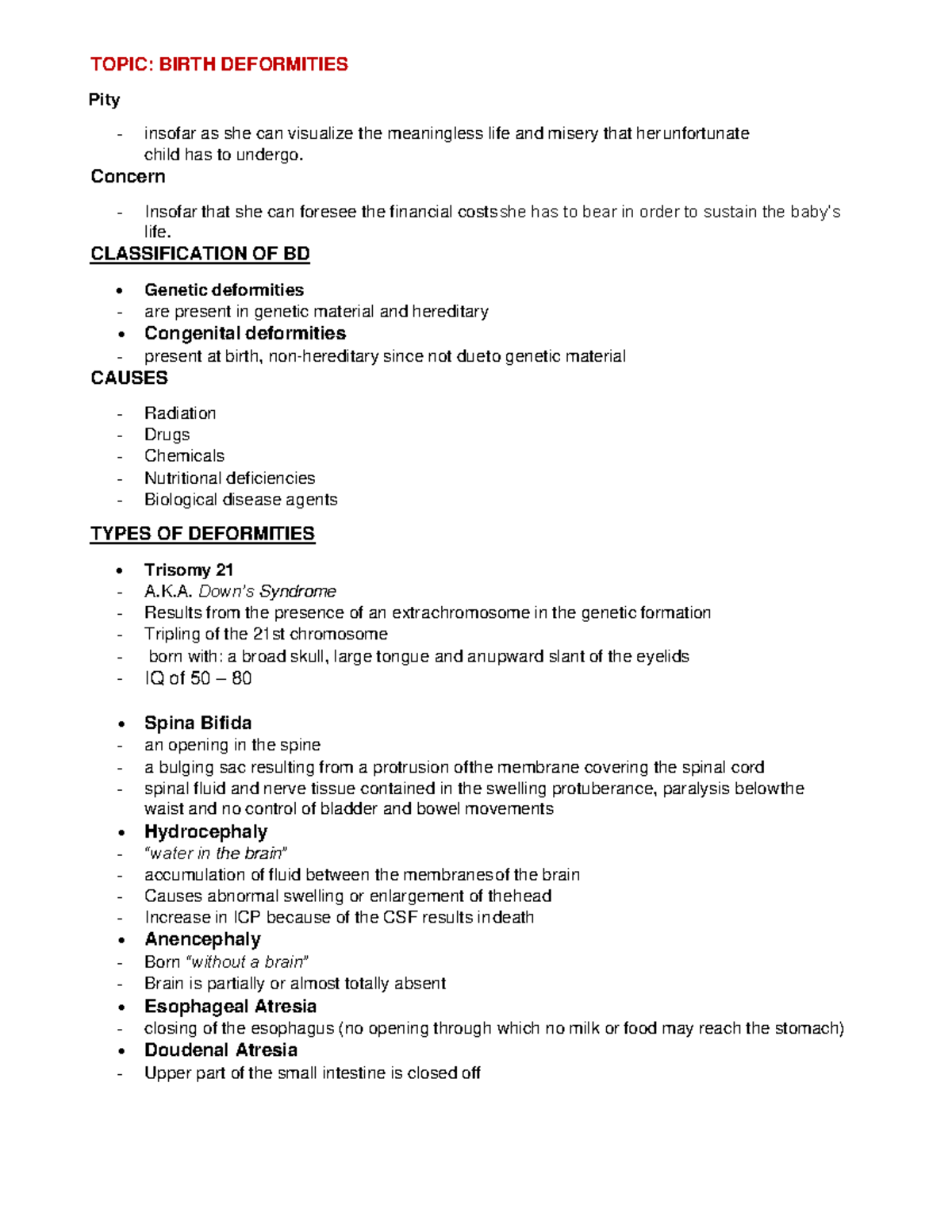 Nursing Notes 17 - TOPIC: BIRTH DEFORMITIES Pity - insofar as she can ...