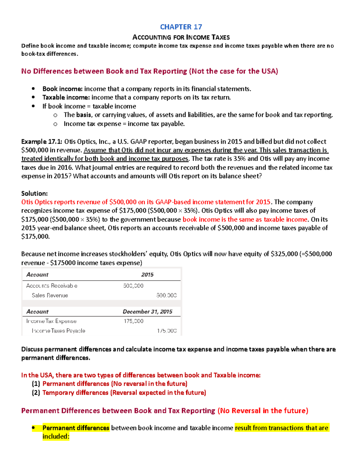 Chapter 17 Handout fdasdfs CHAPTER 17 ACCOUNTING FOR TAXES