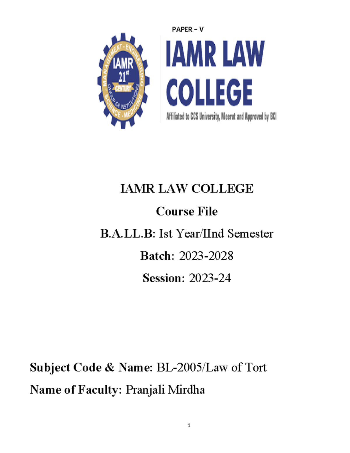 Abhishek course file - Copy - PAPER – V IAMR LAW COLLEGE Course File B ...