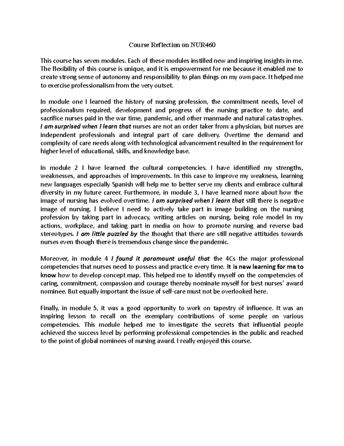 Course Reflection on NUR460 - Course Reflection on NUR This course has ...