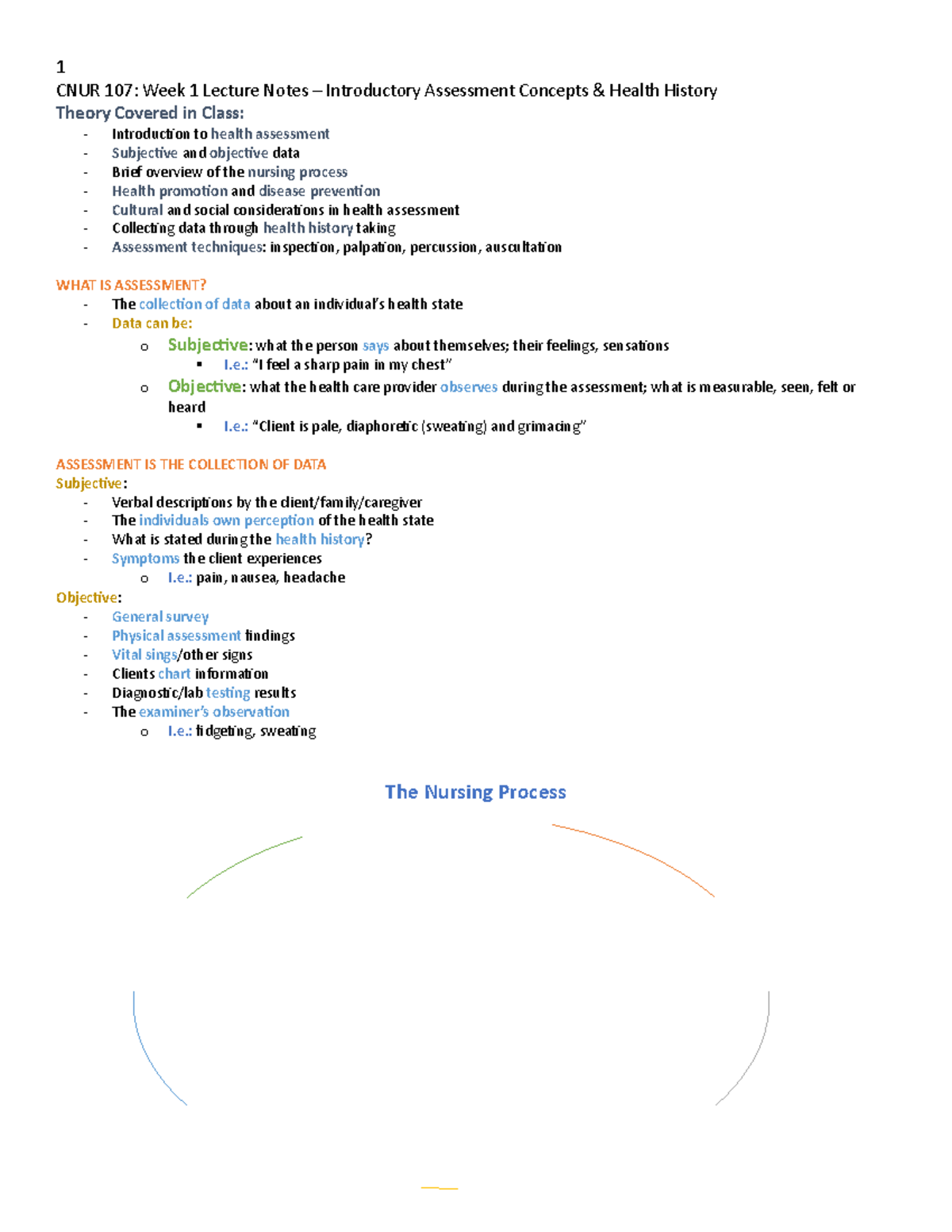 Week 1 Intro Ax Concepts and Health History Lecture Notes 107 - CNUR ...