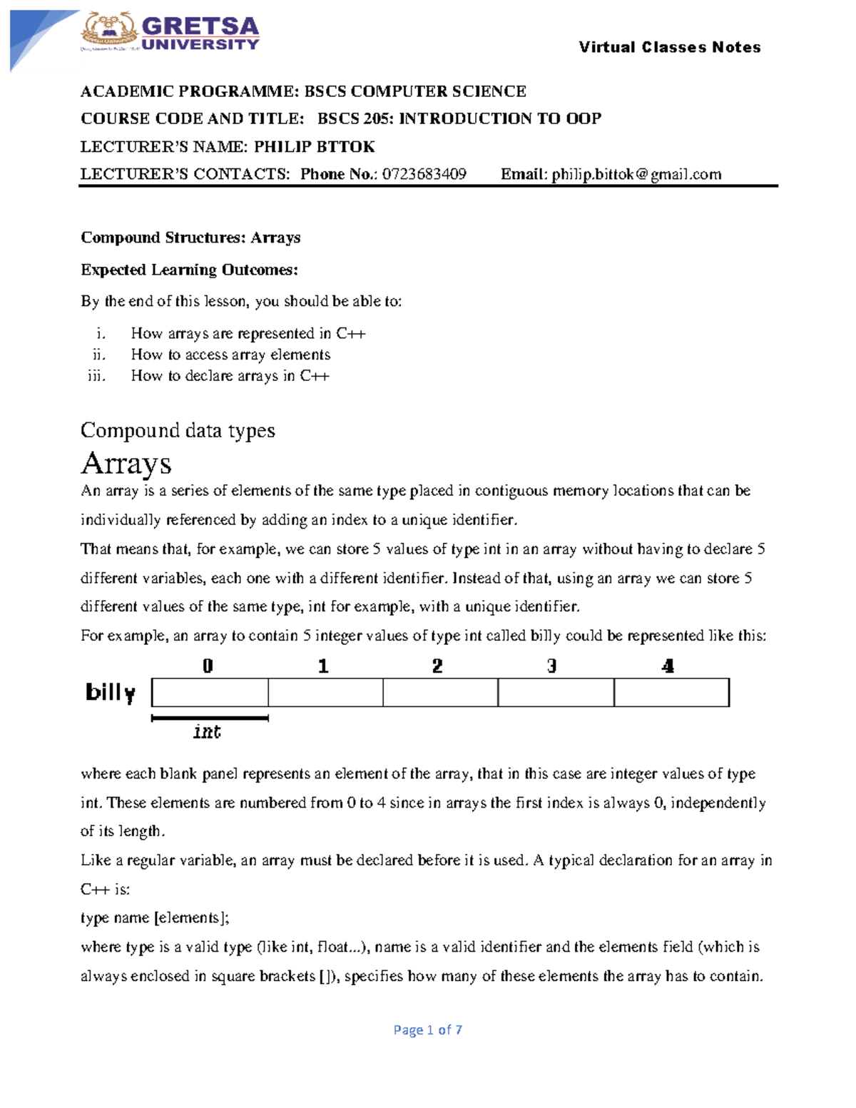 Lecture 3 - Arrays - Virtual Classes Notes ACADEMIC PROGRAMME: BSCS ...