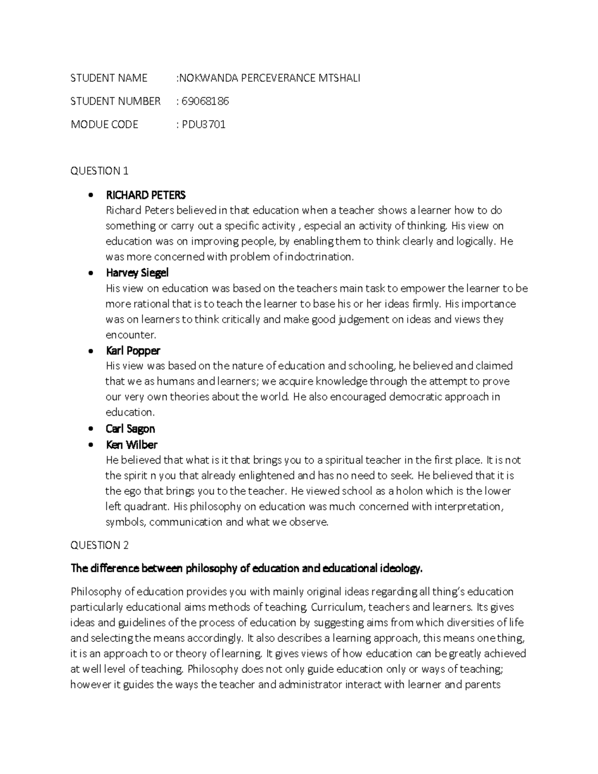 PDU3701 EXAM 2021 - ANSWERS - STUDENT NAME :NOKWANDA PERCEVERANCE ...