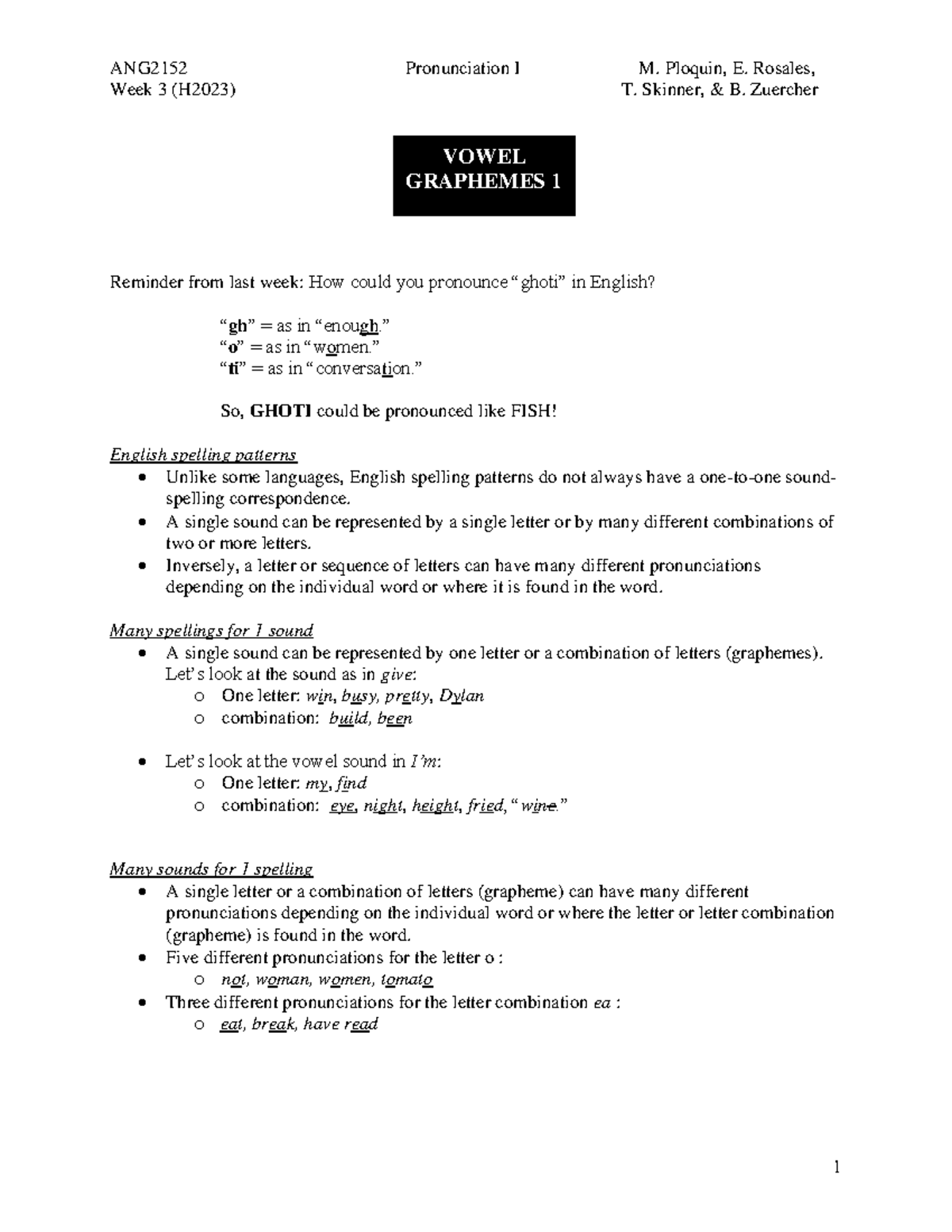 ANG2152 - H2023 - W3 - Vowel Graphemes 1 - Handout - Week 3 (H 2023 ) T ...