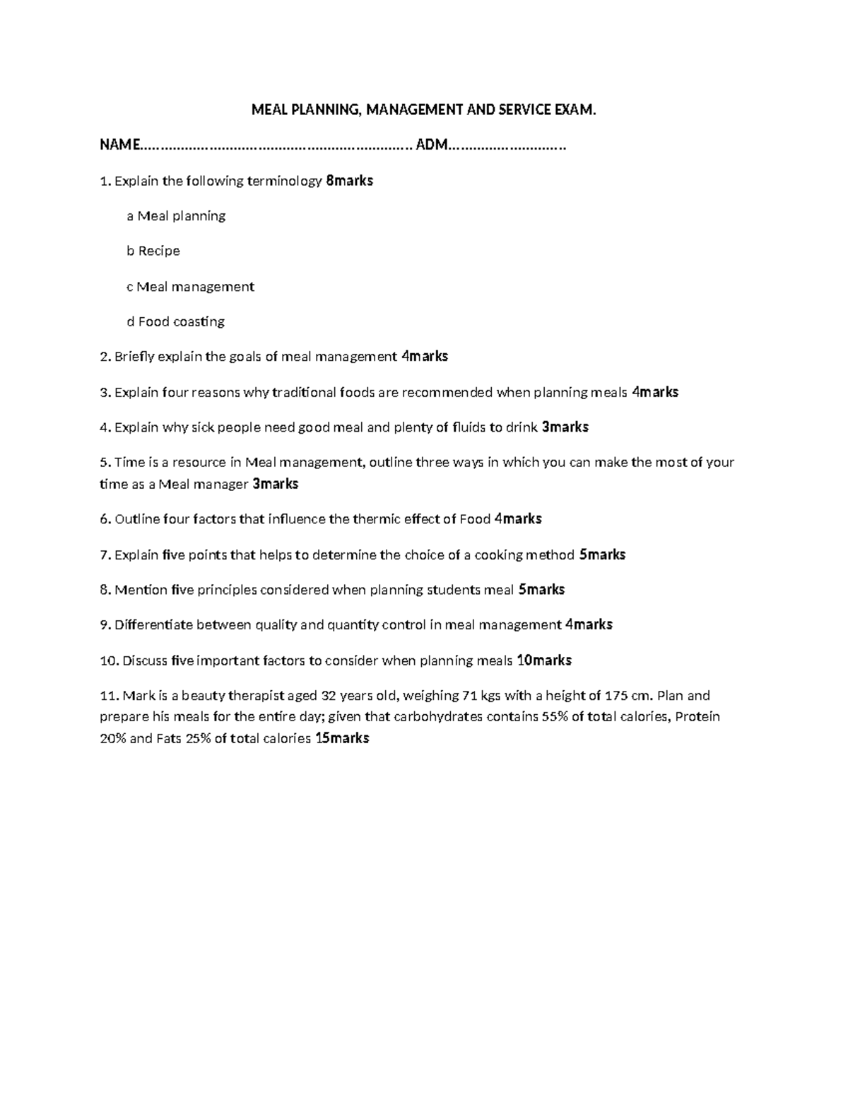 MEAL Planning - MEAL PLANNING, MANAGEMENT AND SERVICE EXAM. - Studocu