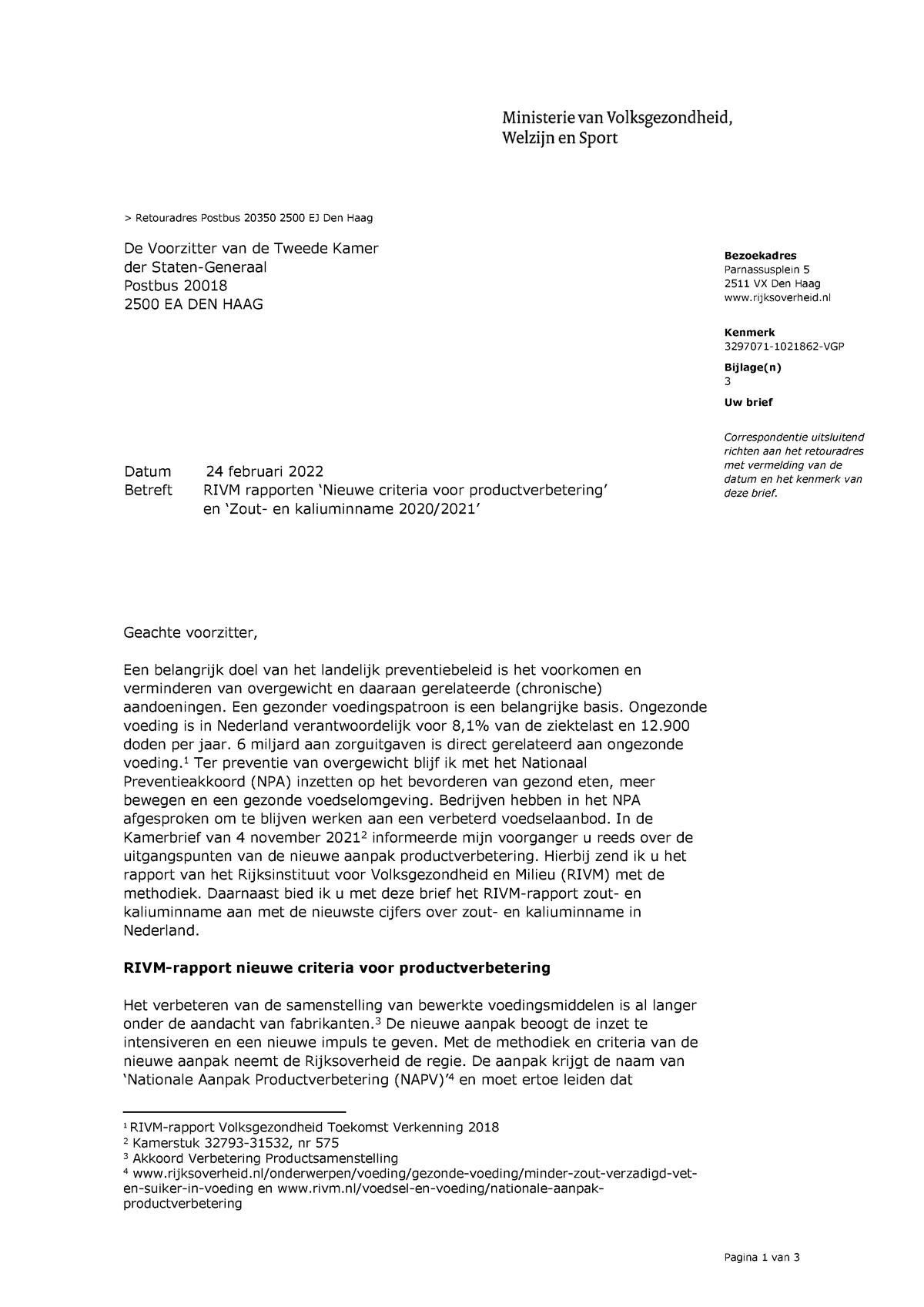 Kamerbrief Over Rivm Rapporten Nieuwe Criteria Voor Productverbetering ...