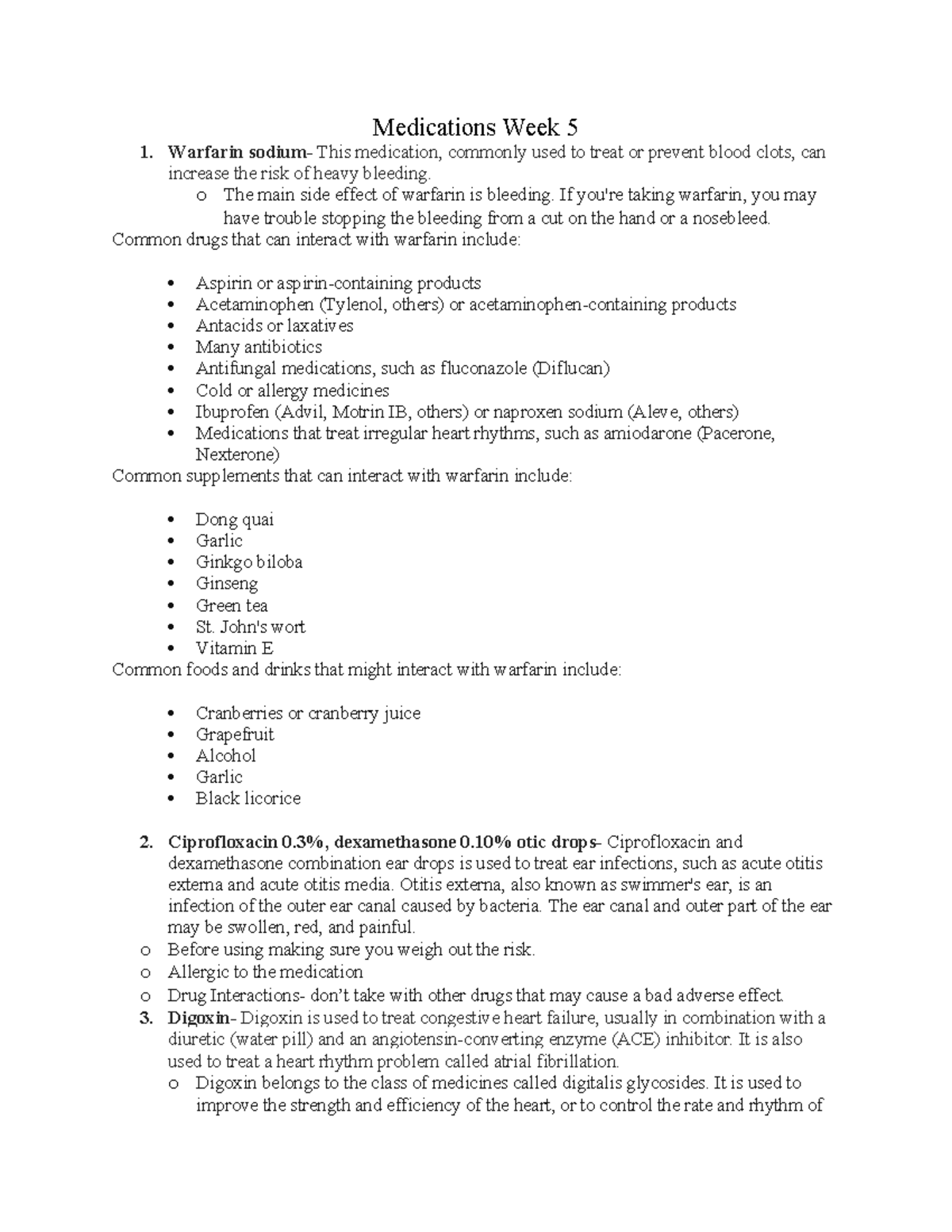 Medications Week 5 - Medication notes - Medications Week 5 1. Warfarin ...