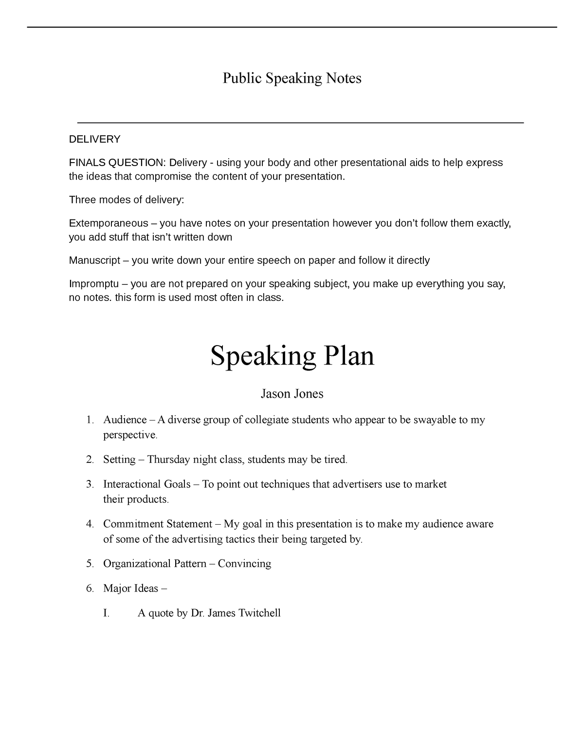 Speaking Plan in Public Speaking study guide - Public Speaking Notes ...