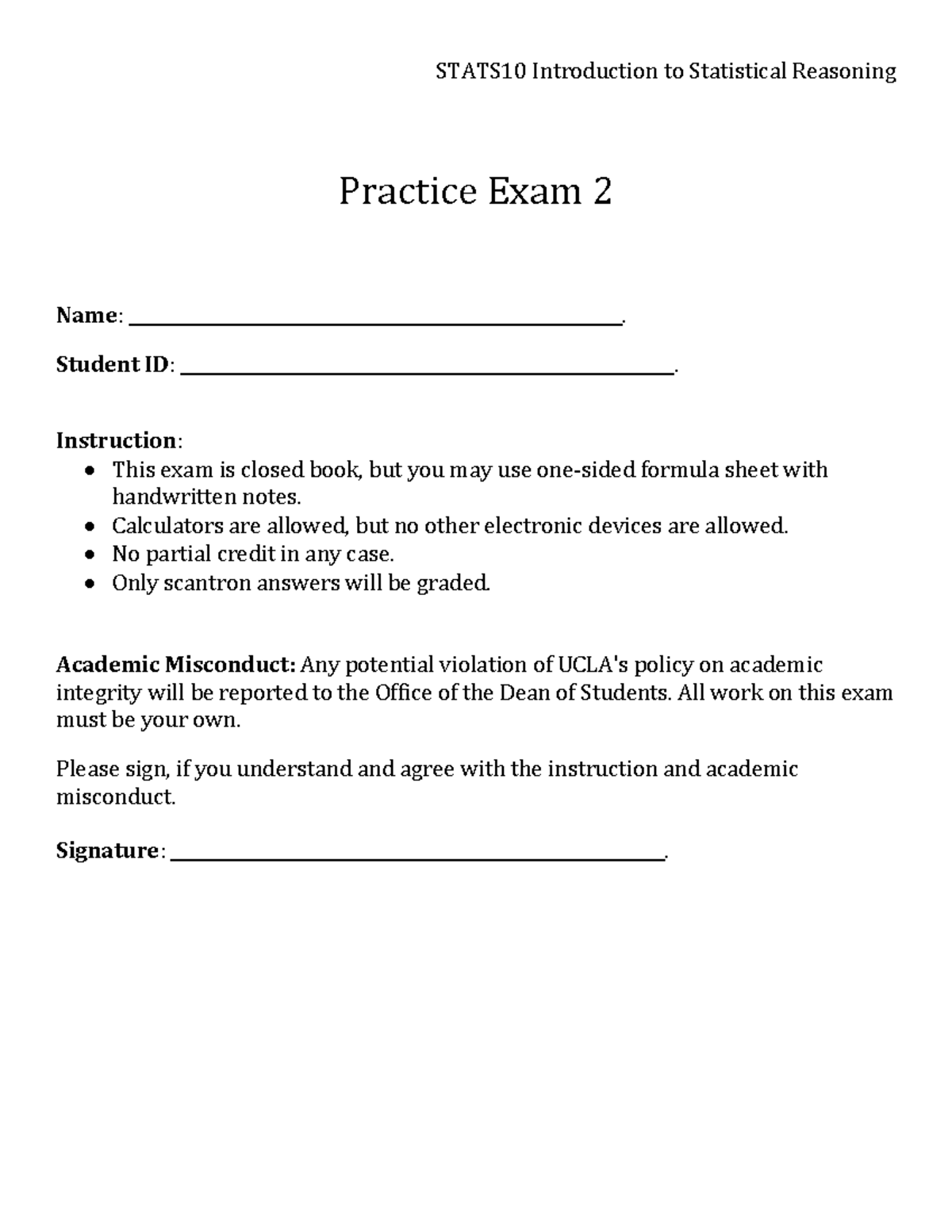 Stats 10 Practice Exam 2 - STATS10 Introduction to Statistical ...