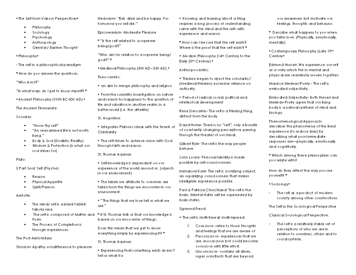 UND SELF-1-Unit-1 - Lecture notes 1 - The Self from Various ...