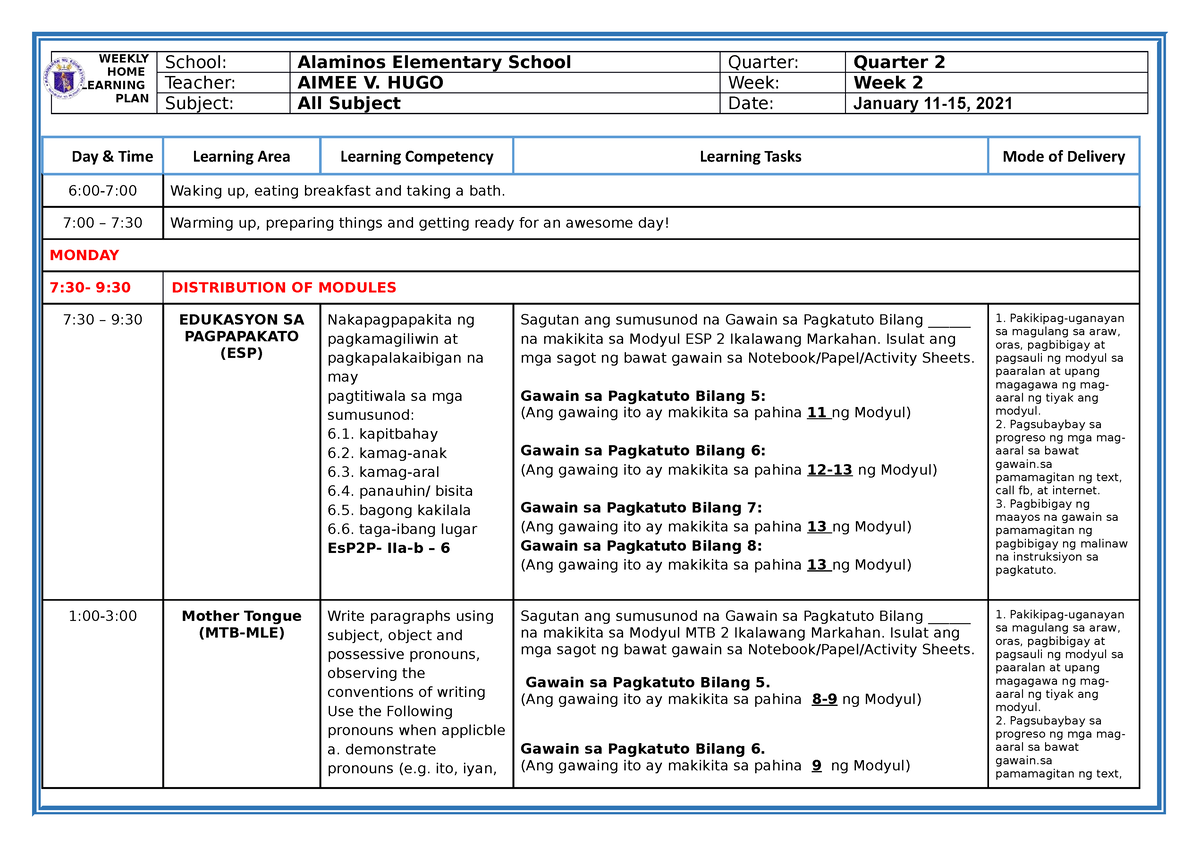 WHLP Grade 2 Q2 W2 - WEEKLY HOME LEARNING PLAN School: Alaminos ...