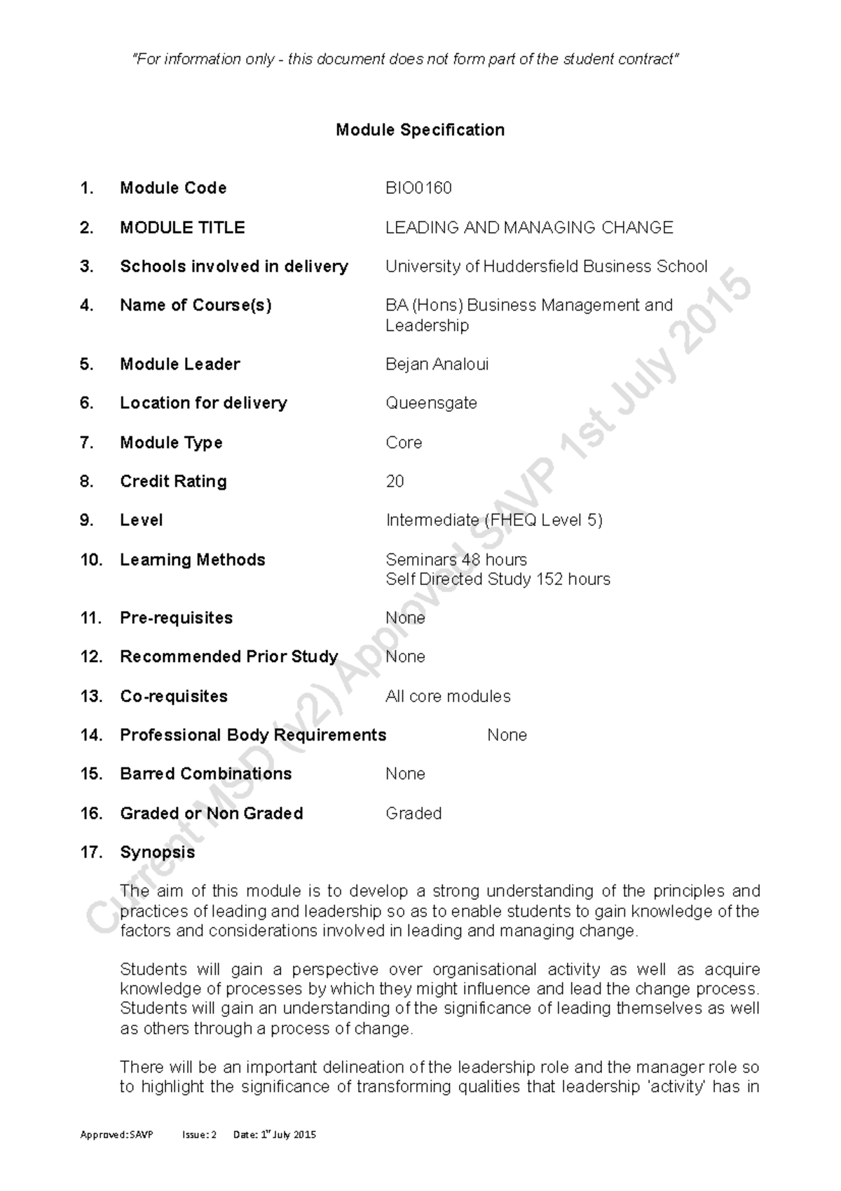 Leadership and managing change specification information only this