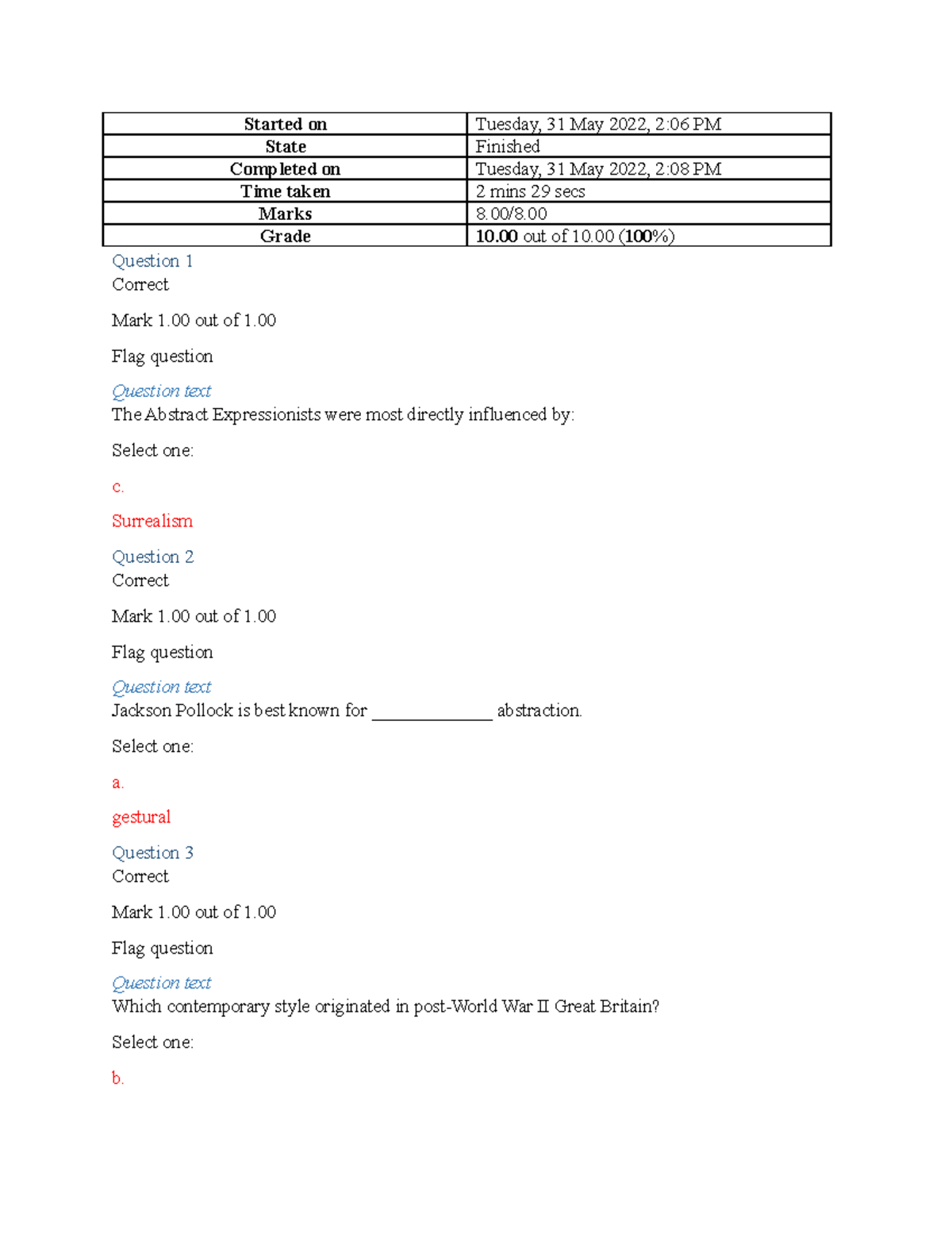 AHIST 1401 Self Quiz 8 - Started On Tuesday, 31 May 2022, 2:06 PM State ...