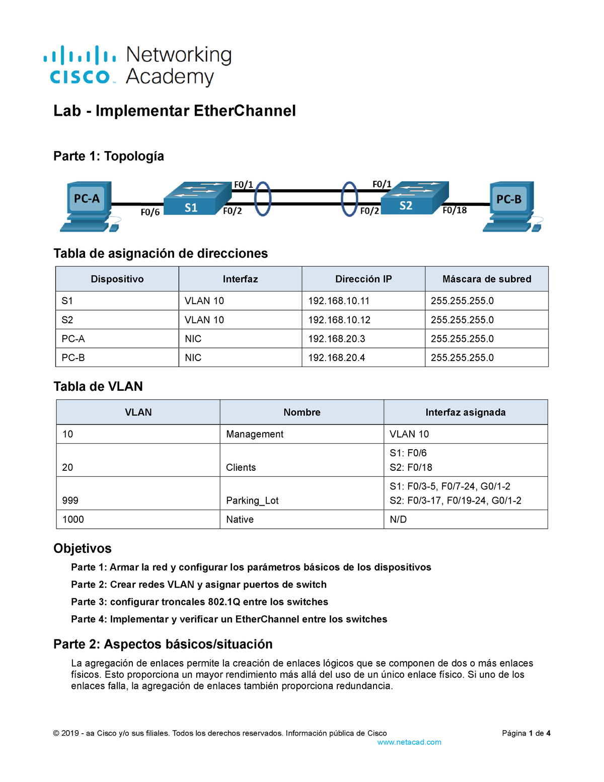 6.4.2 Lab - Implement Etherchannel - Parte 1: Topología Tabla De ...