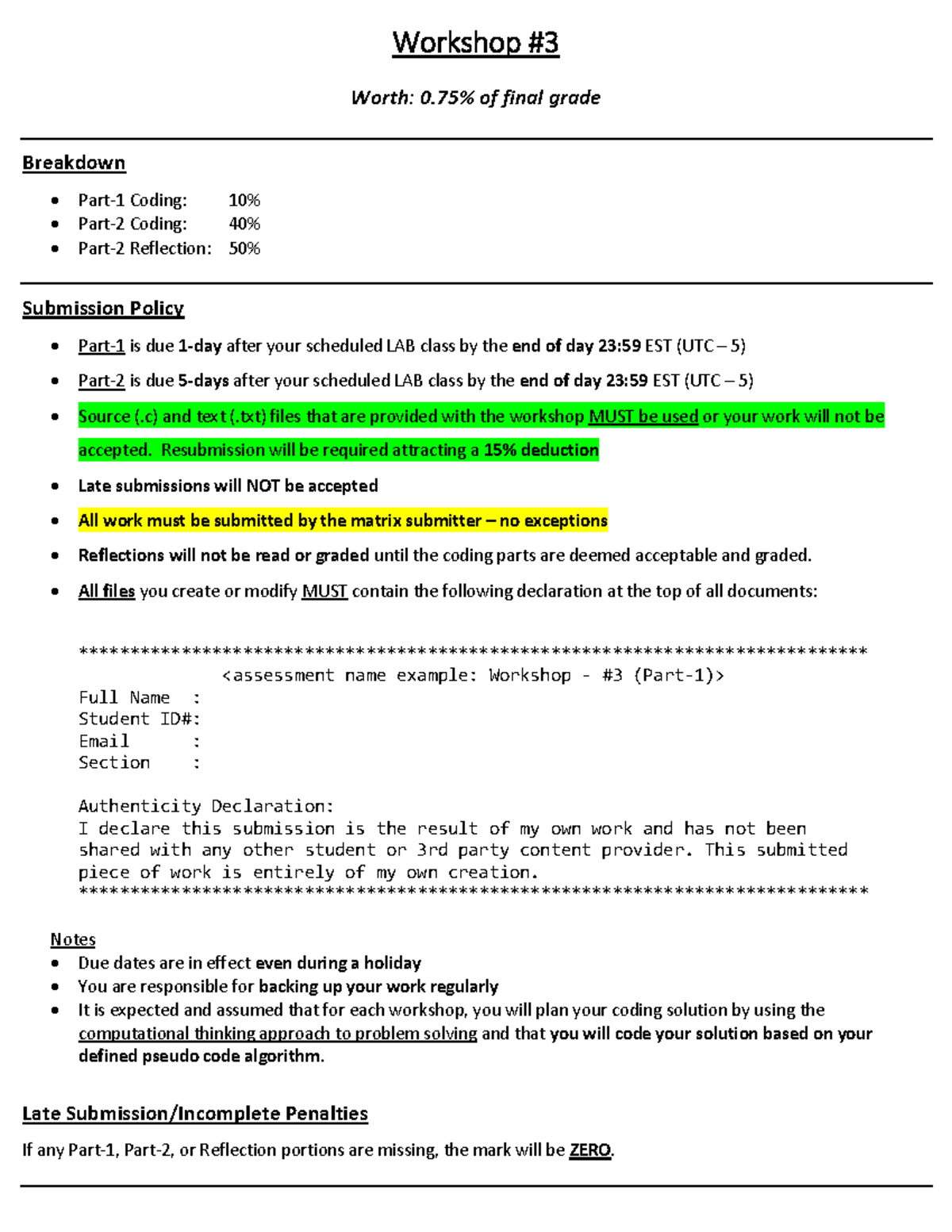 Workshop 03 - practice materials - Workshop # 3 Worth: 0% of final ...