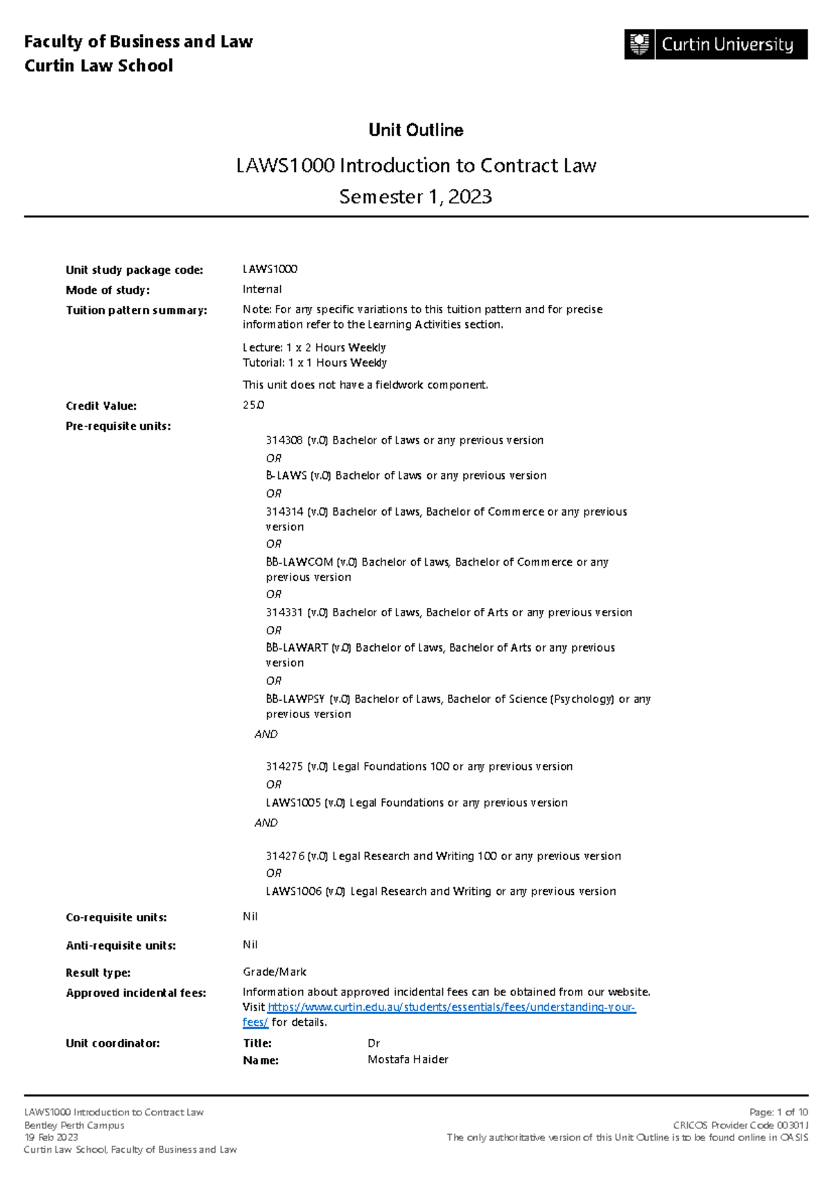 LAWS1000 Introduction To Contract Law Semester 1 2023 Bentley Perth ...