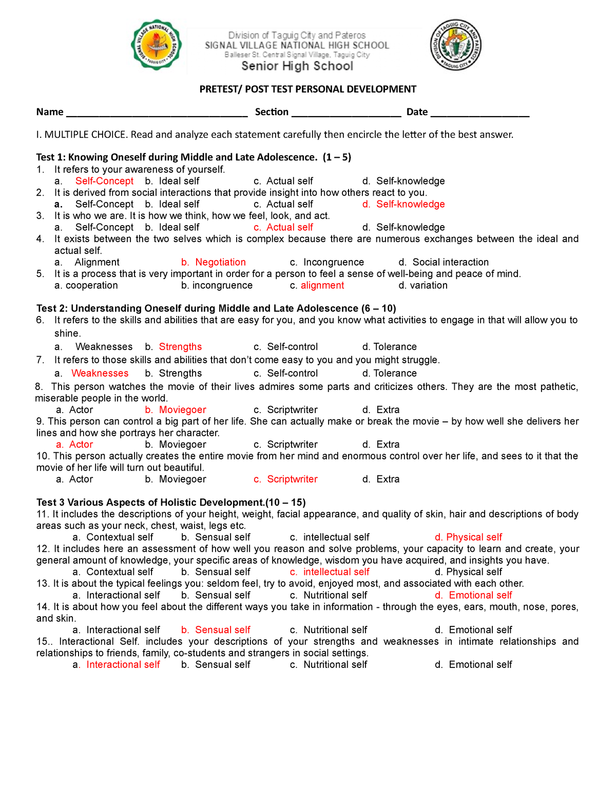 Pretest- Perdev- Revised - PRETEST/ POST TEST PERSONAL DEVELOPMENT Name ...