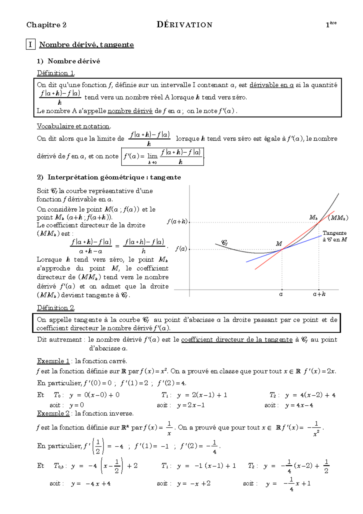 Cours Dérivation 1ere 2023-2024 - Chapitre 2 D É R I V A TI O N 1 ère I ...