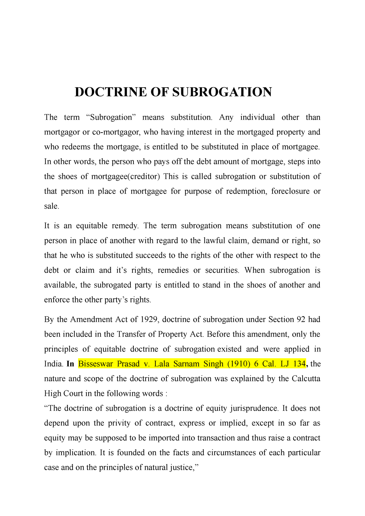 Doctrine OF Subrogation AND Tacking - DOCTRINE OF SUBROGATION The Term ...