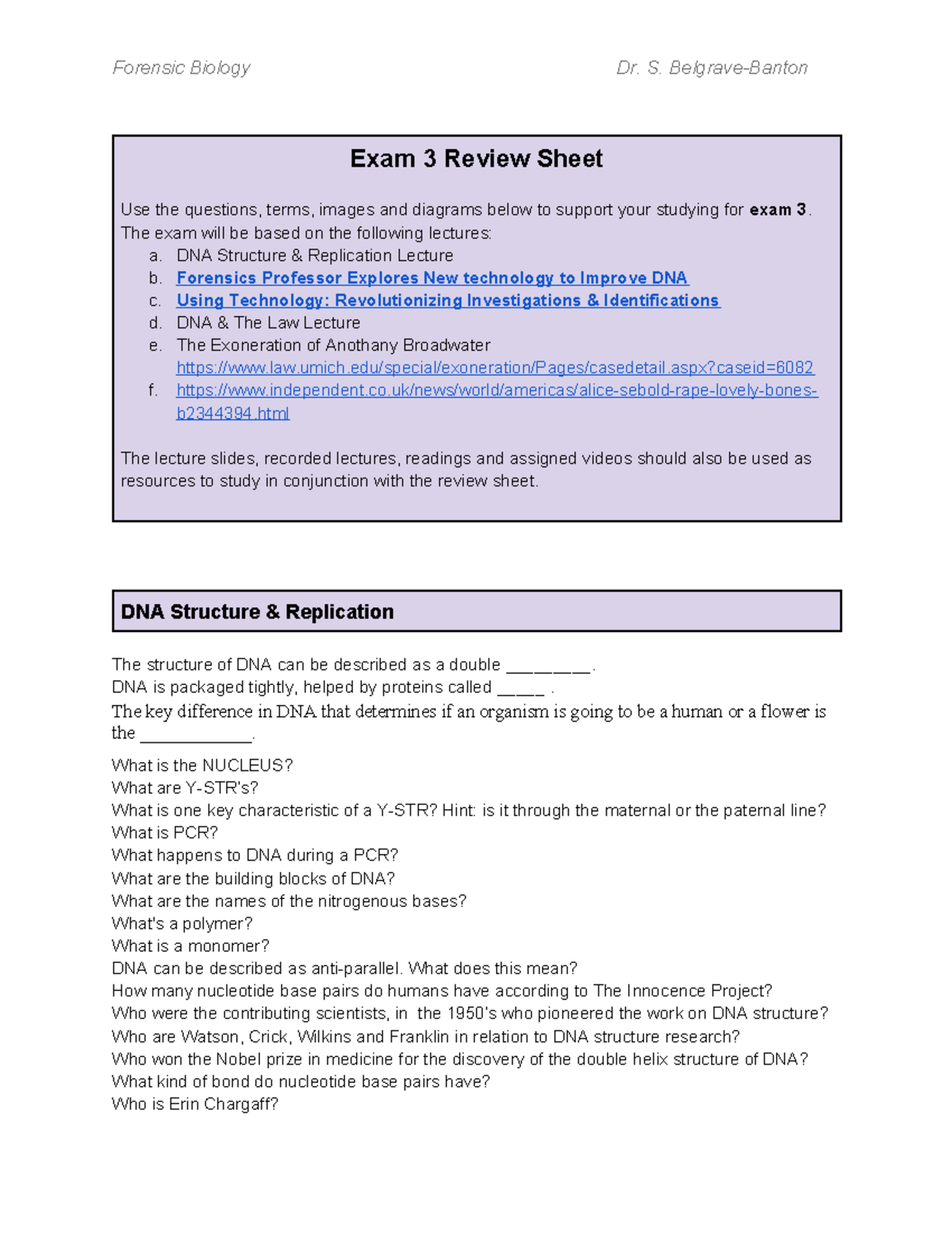 BIO 150 Exam 3 Review Sheet - Forensic Biology Dr. S. Belgrave-Banton ...