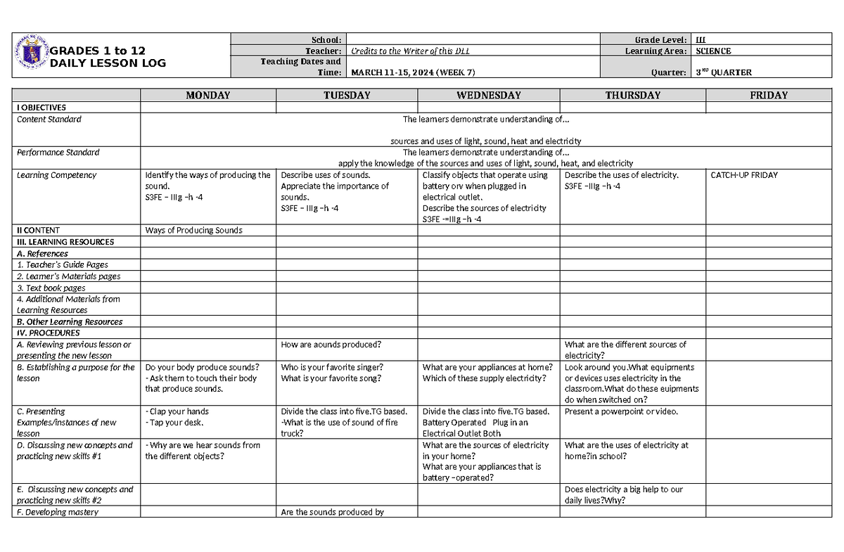 DLL Science 3 Q3 W7 - It is a lesson course - GRADES 1 to 12 DAILY ...