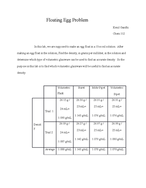 Floating Egg Problem - Floating Egg Problem Kenil Gandhi Chem 112 In this  lab, we are supposed to - Studocu