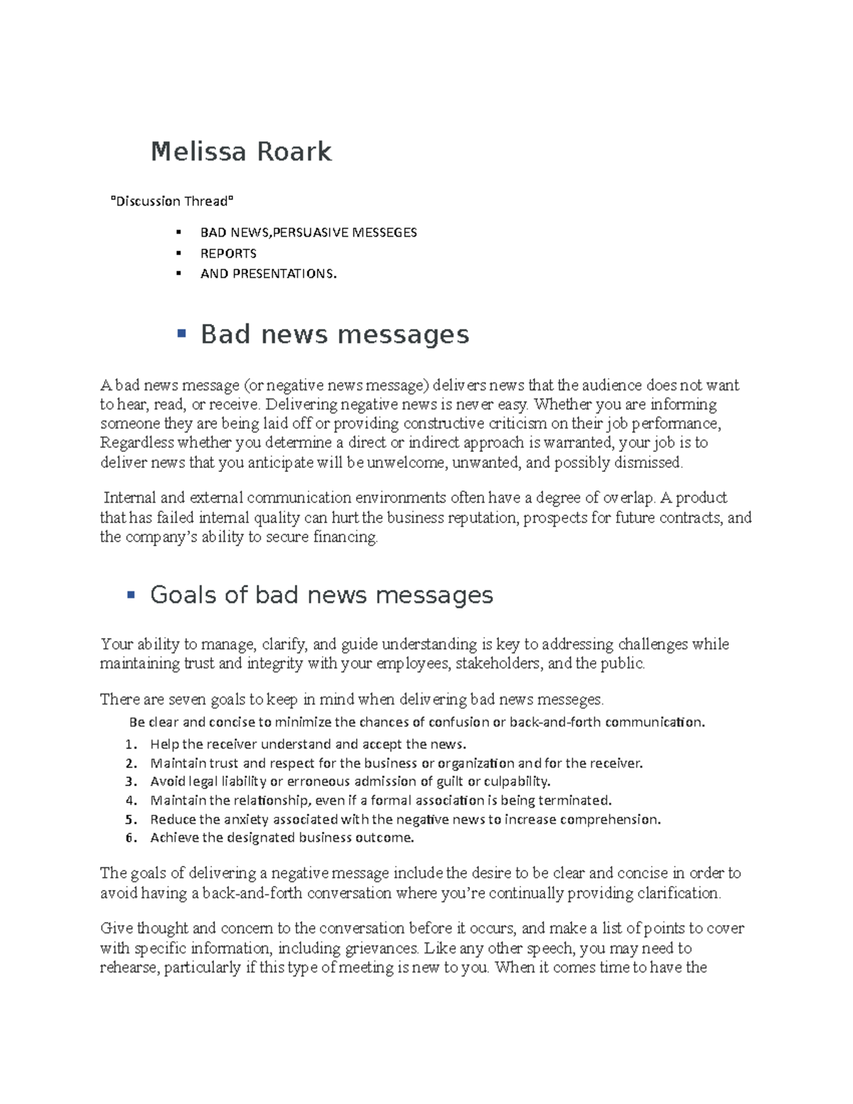 Melissa's bad news persuasive messeges discussion thread - Melissa ...
