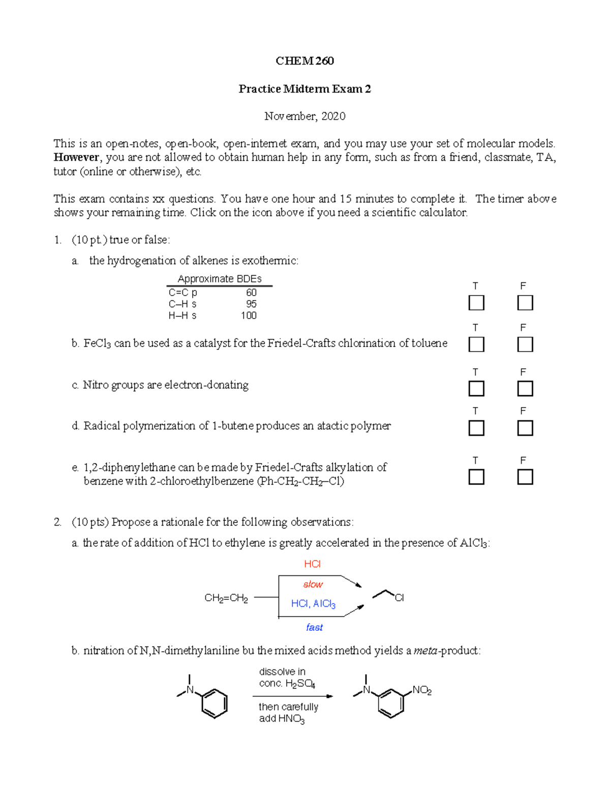 Practice exam 2 - CHEM 260 Practice Midterm Exam 2 November, 2020 This ...