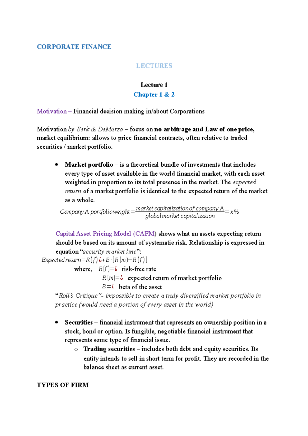 Asset Pricing and Corporate Finance Lecture Notes - CORPORATE FINANCE ...