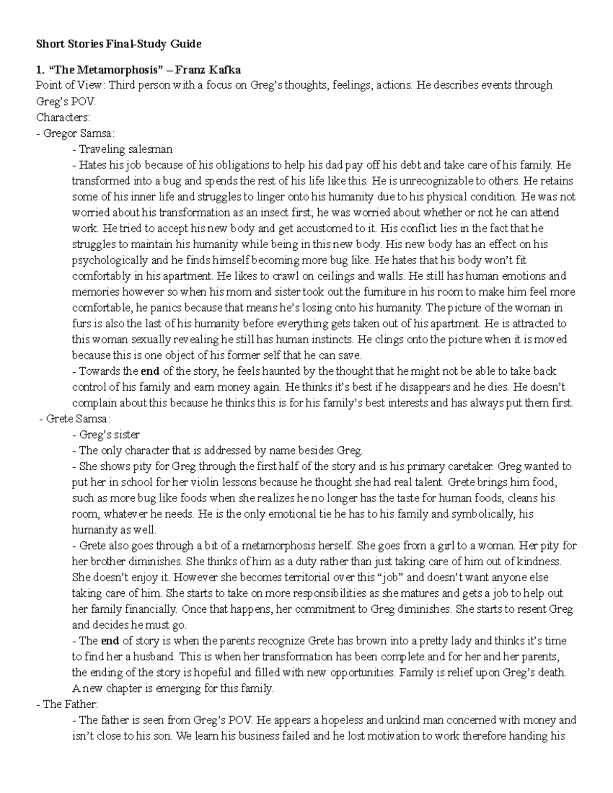 Lecture notes, lecture complete Summaries of all short stories