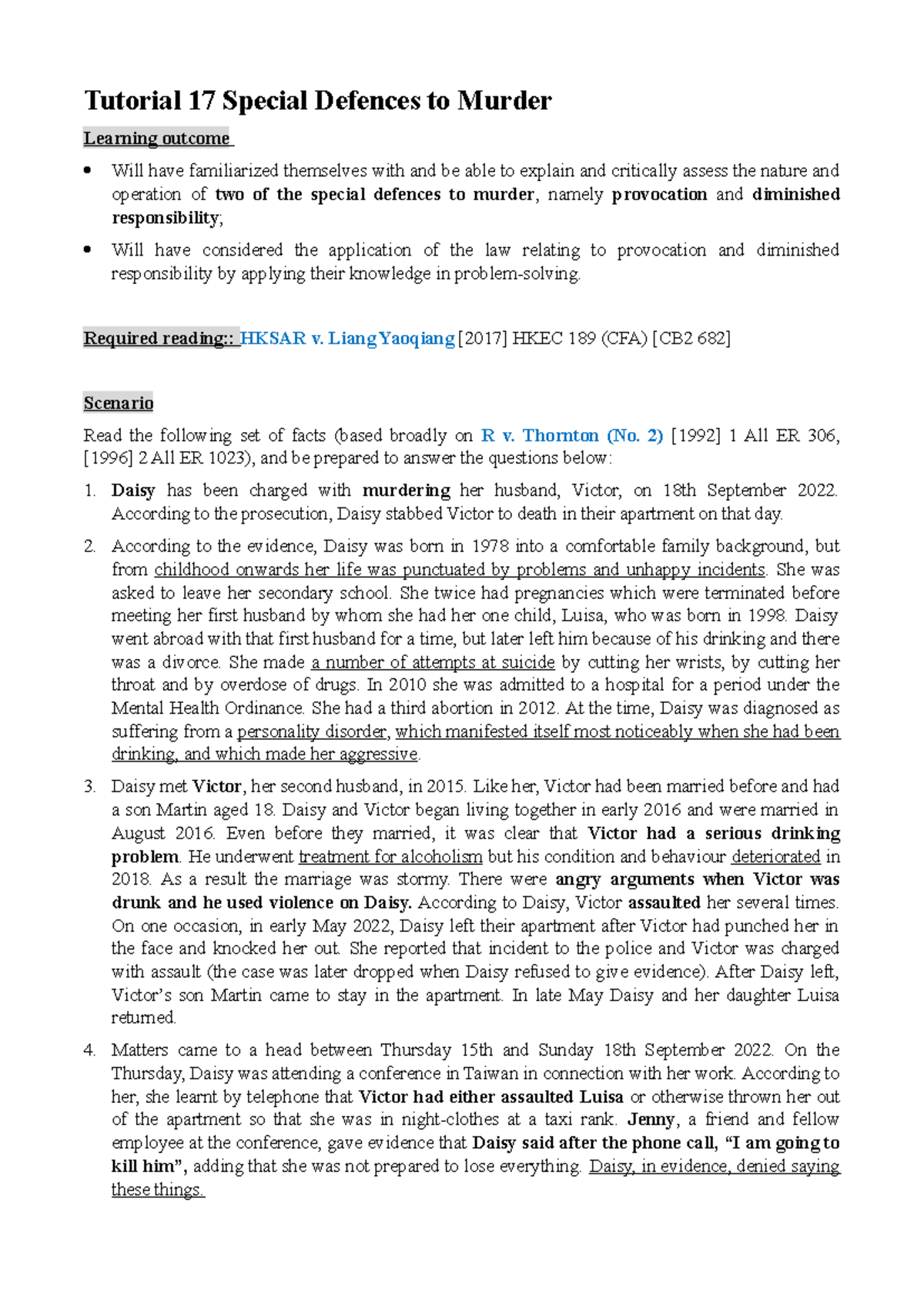 Tutorial 17 Worksheet Special Defence to Murder Tutorial 17 Special