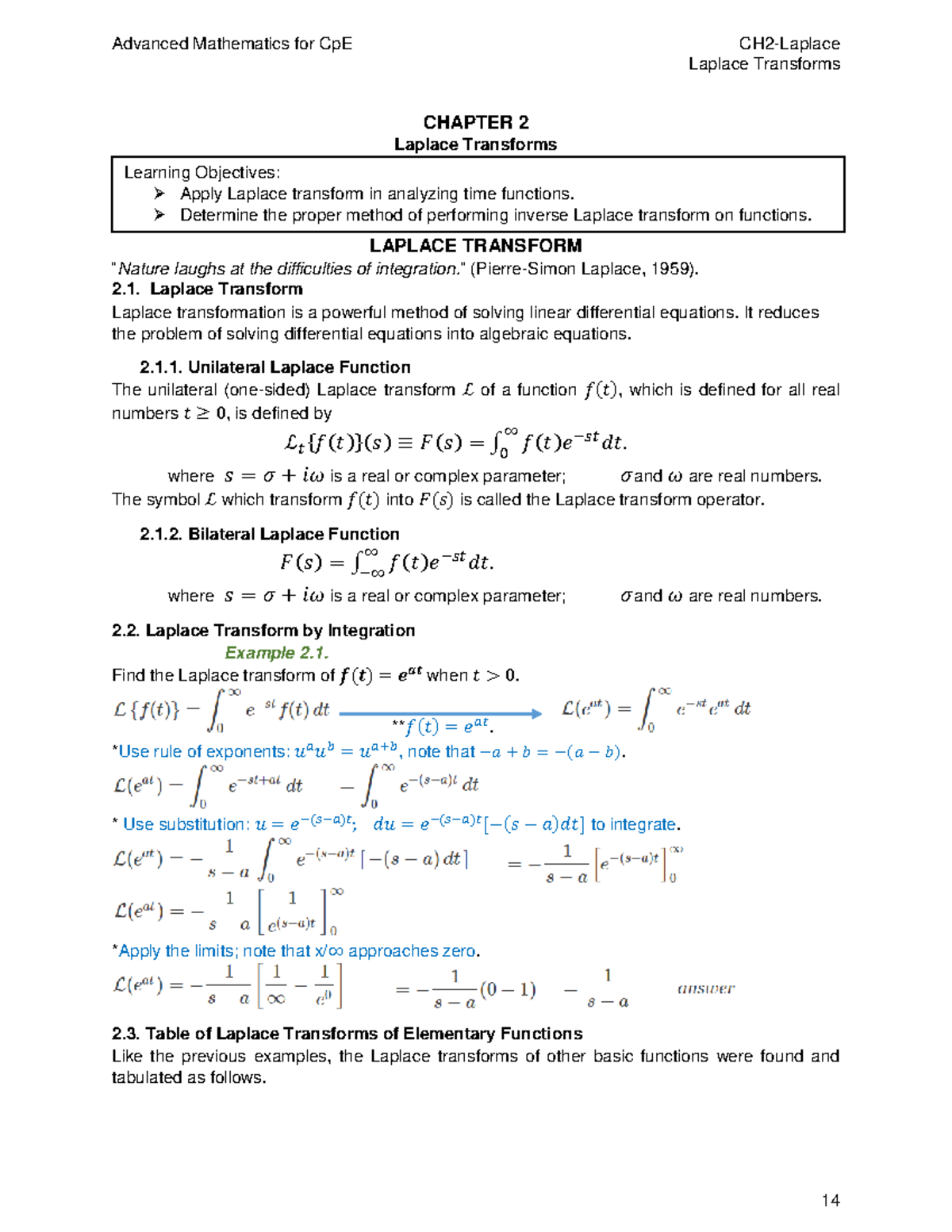 CH2-1 Laplace Transforms - Laplace Transforms CHAPTER 2 Laplace ...