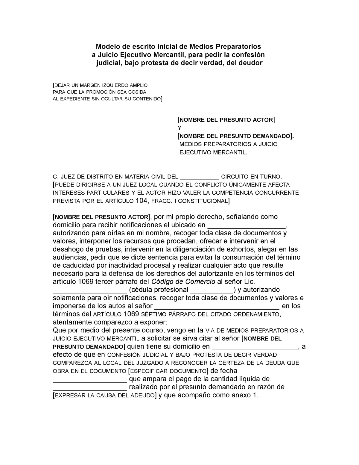 Escrito inicial de medios preparatorios a juicio ejecutivo mercantil  solicitud de confesión judicial - Studocu
