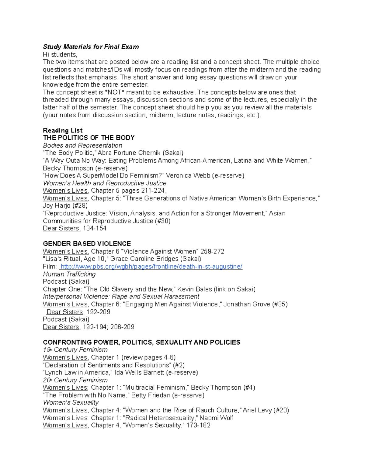 WMST 101 Final Study Guide - Study Materials for Final Exam Hi students ...
