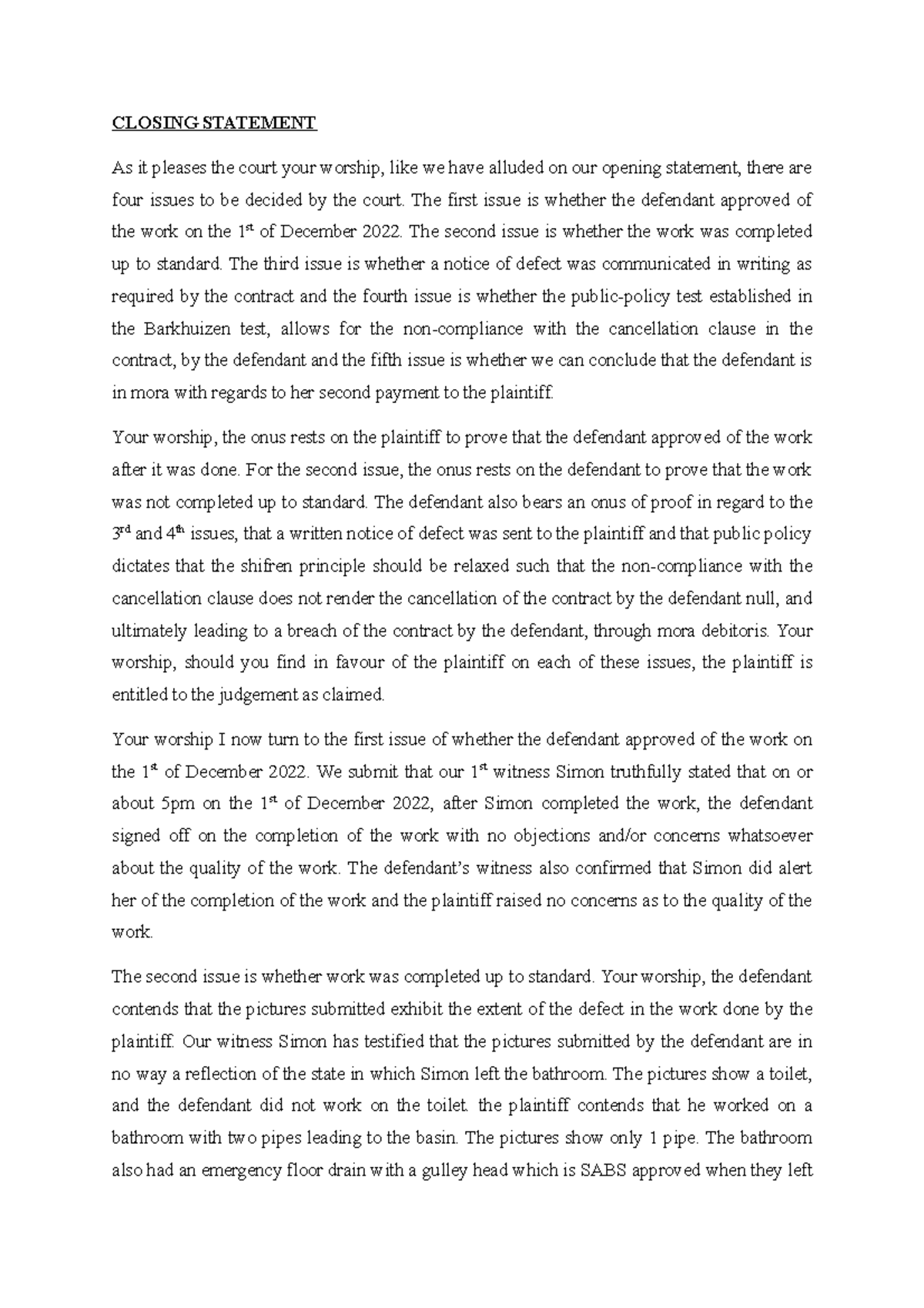 Closing Statement as ammended. PRACTICAL LEGAL STUDIES - CLOSING ...