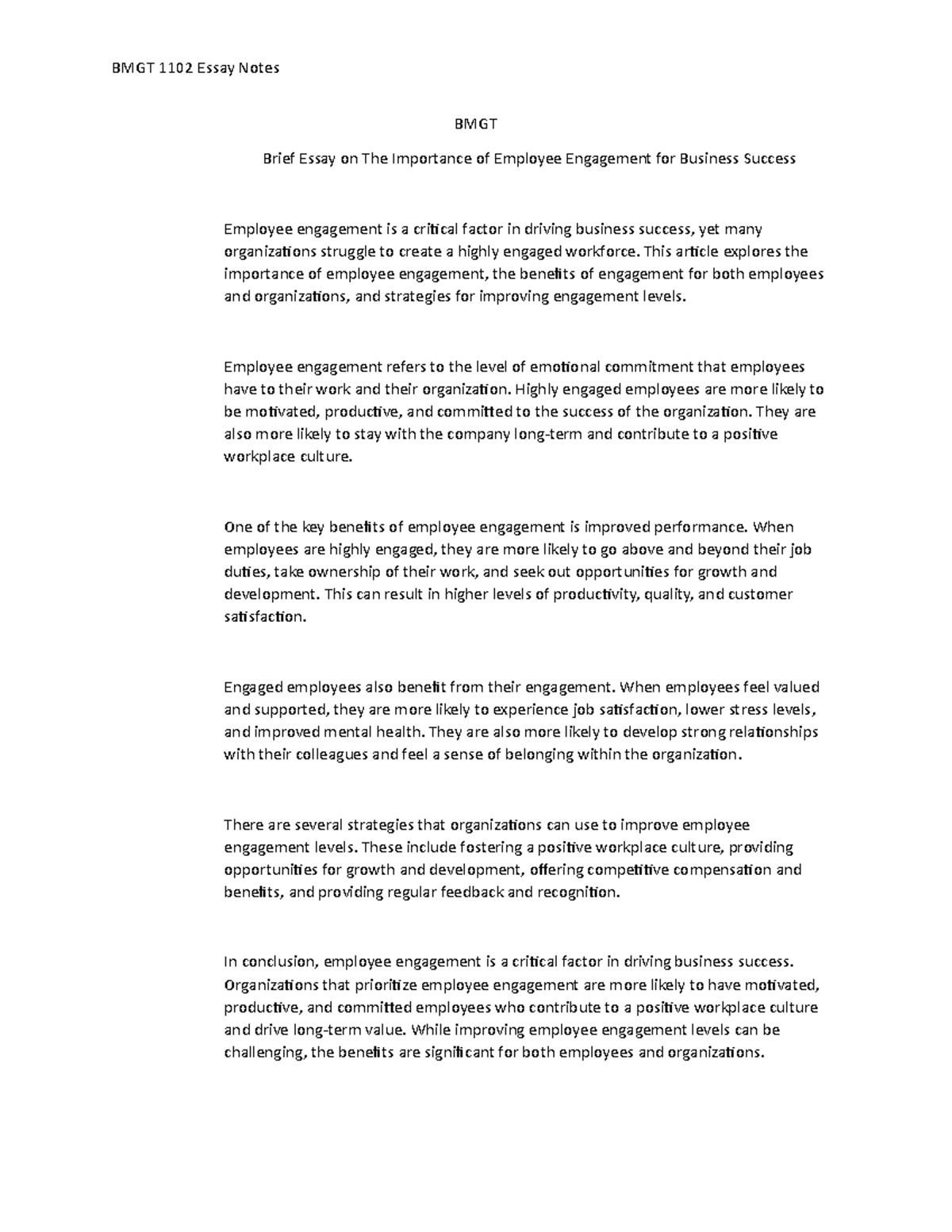 employee engagement essay example