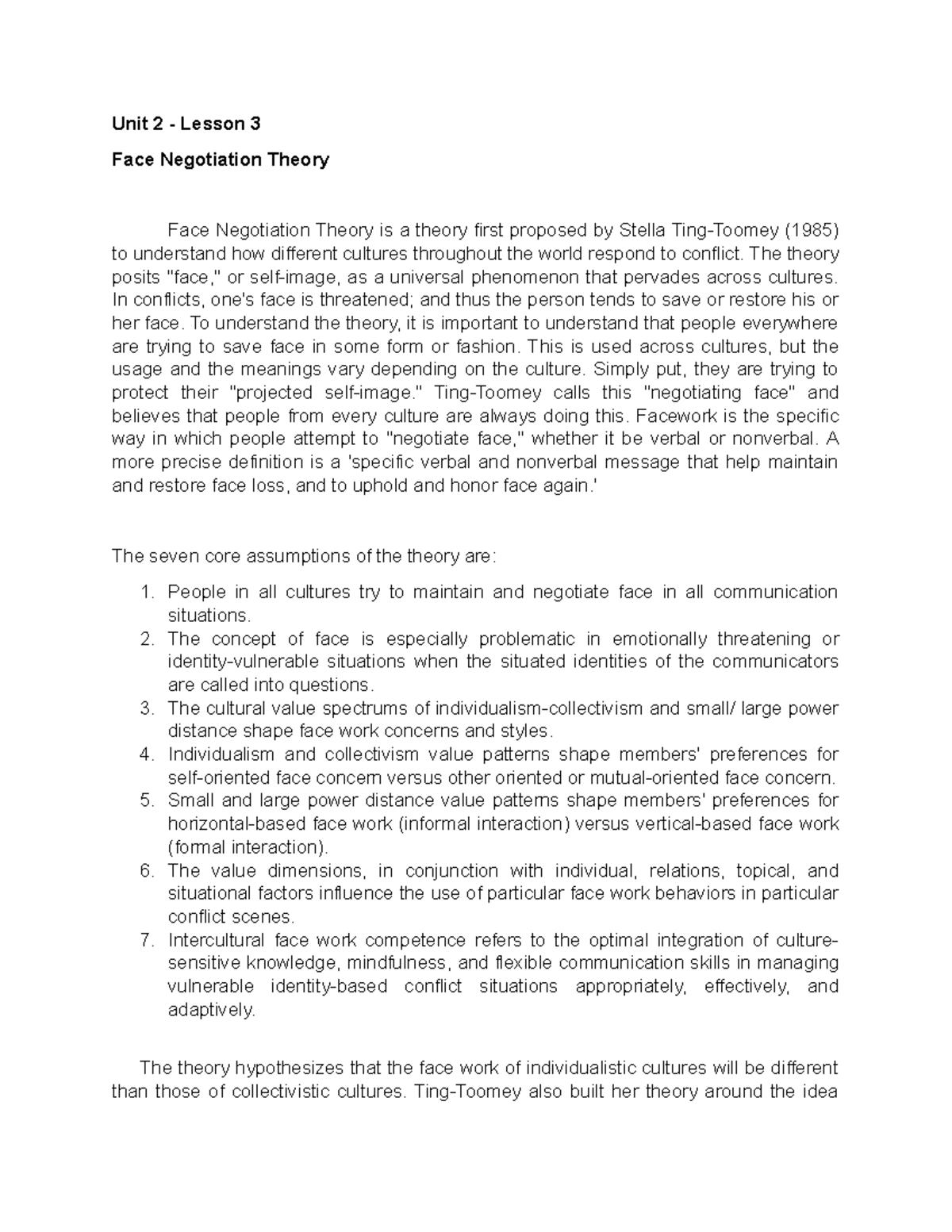 Face Negotiation Theory and Learning Exercises Theories in