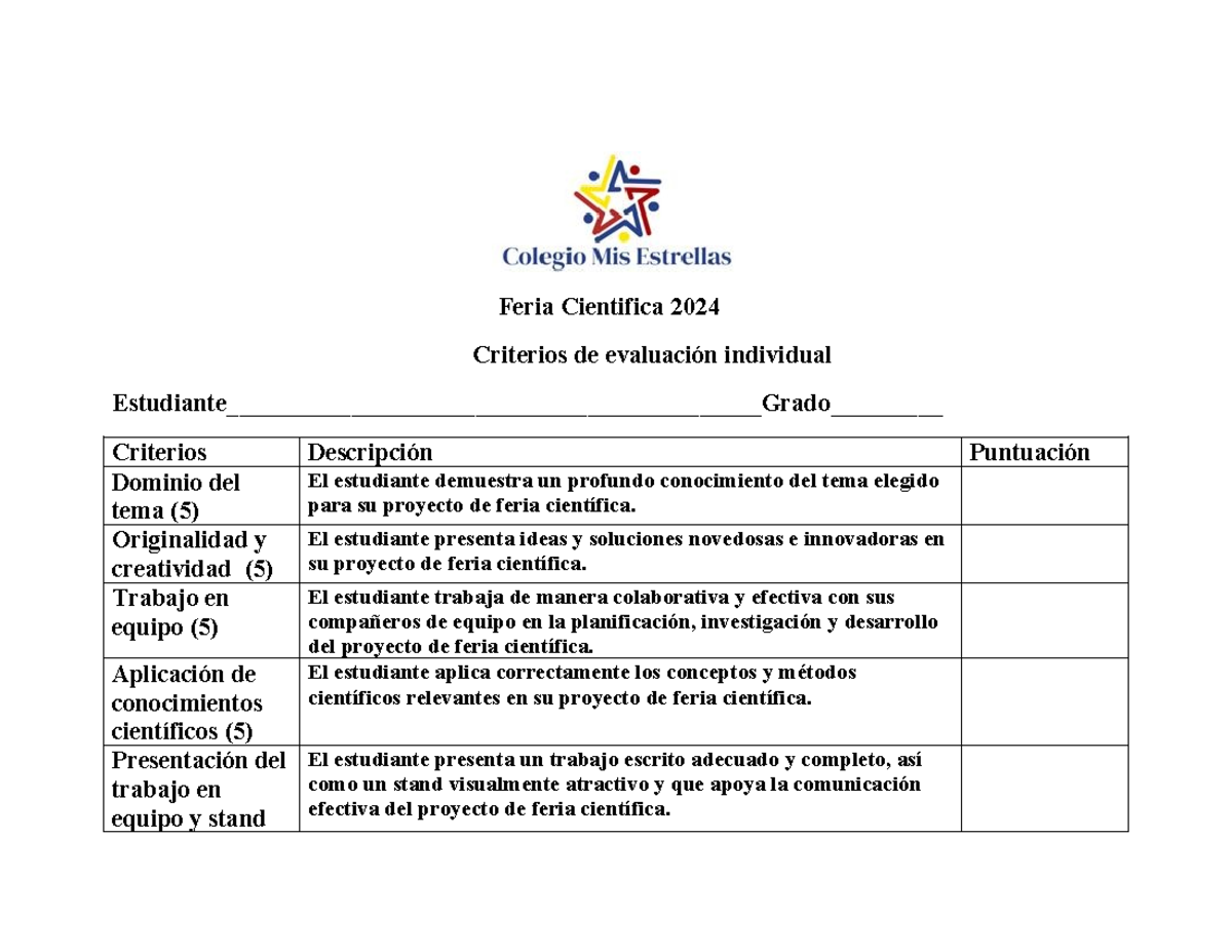 Criterios Para Evaluar Un Proyecto De Feria De Ciencias