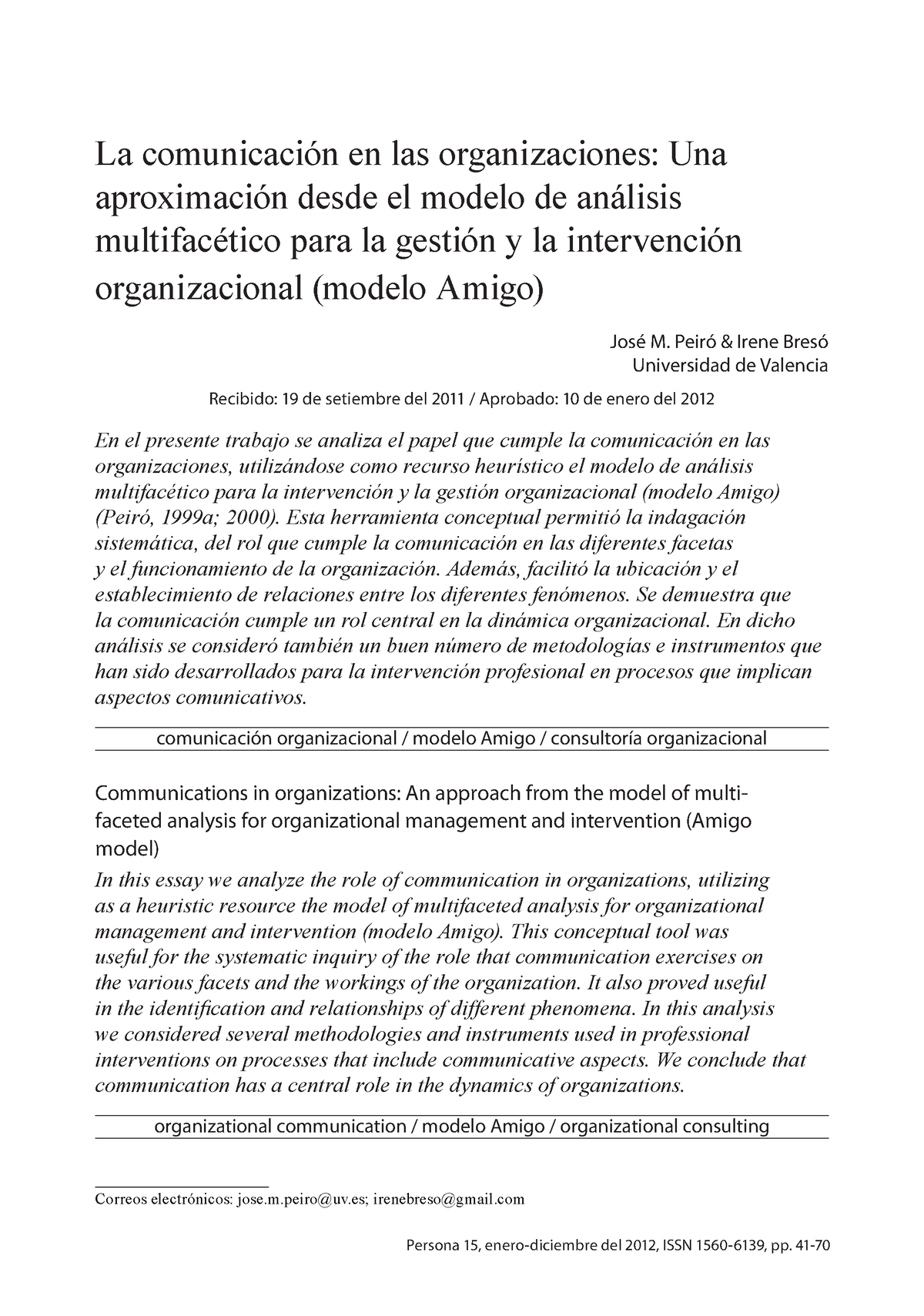 Dialnet-La Comunicacion En Las Organizaciones-6110727 - Persona 15,  enero-diciembre del 2012, ISSN - Studocu