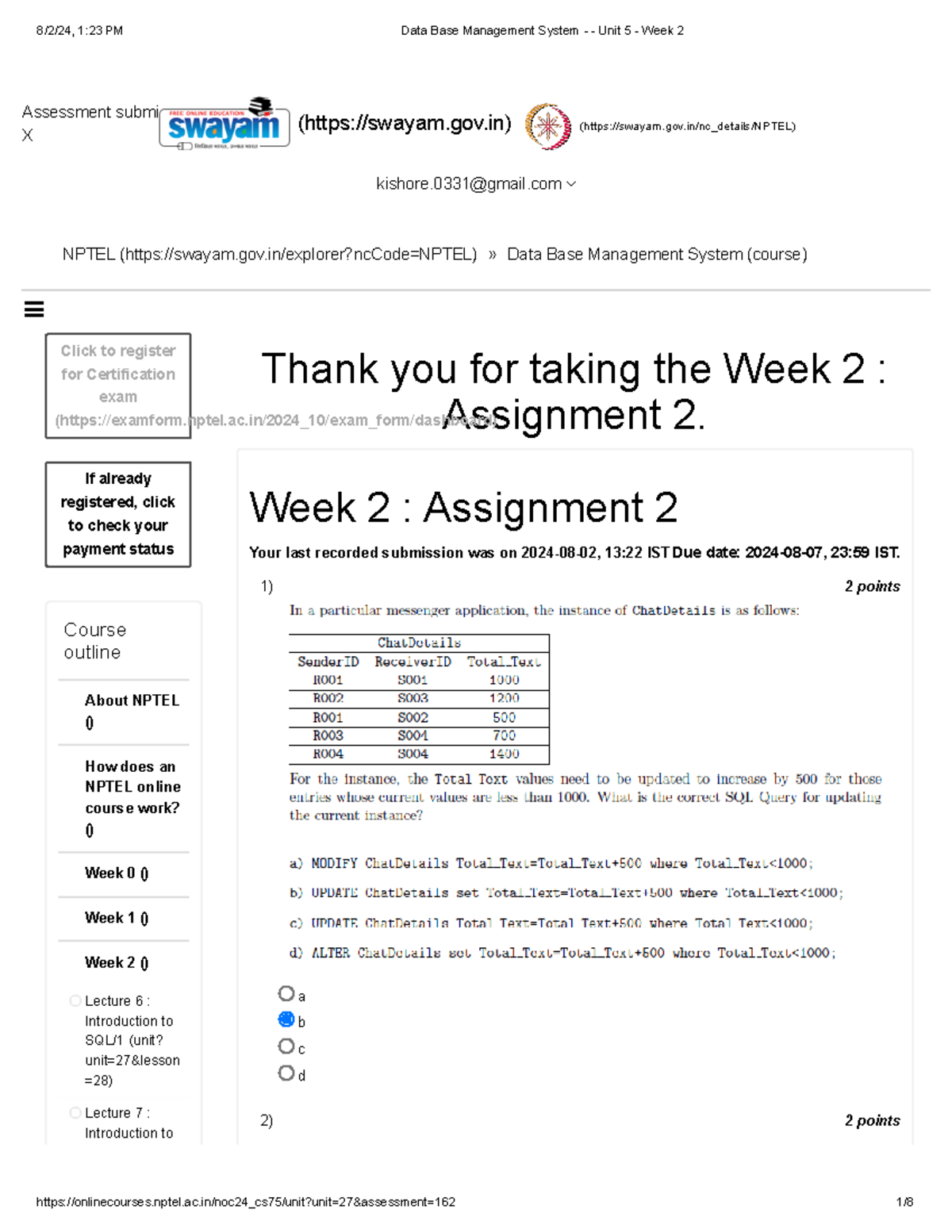 Data Base Management System - Unit 5 - Week 2 - Thank you for taking ...