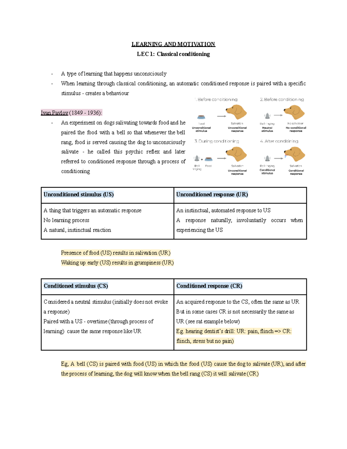 PSYC1002 NOTE - Google Docs - LEARNING AND MOTIVATION LEC 1: Classical ...