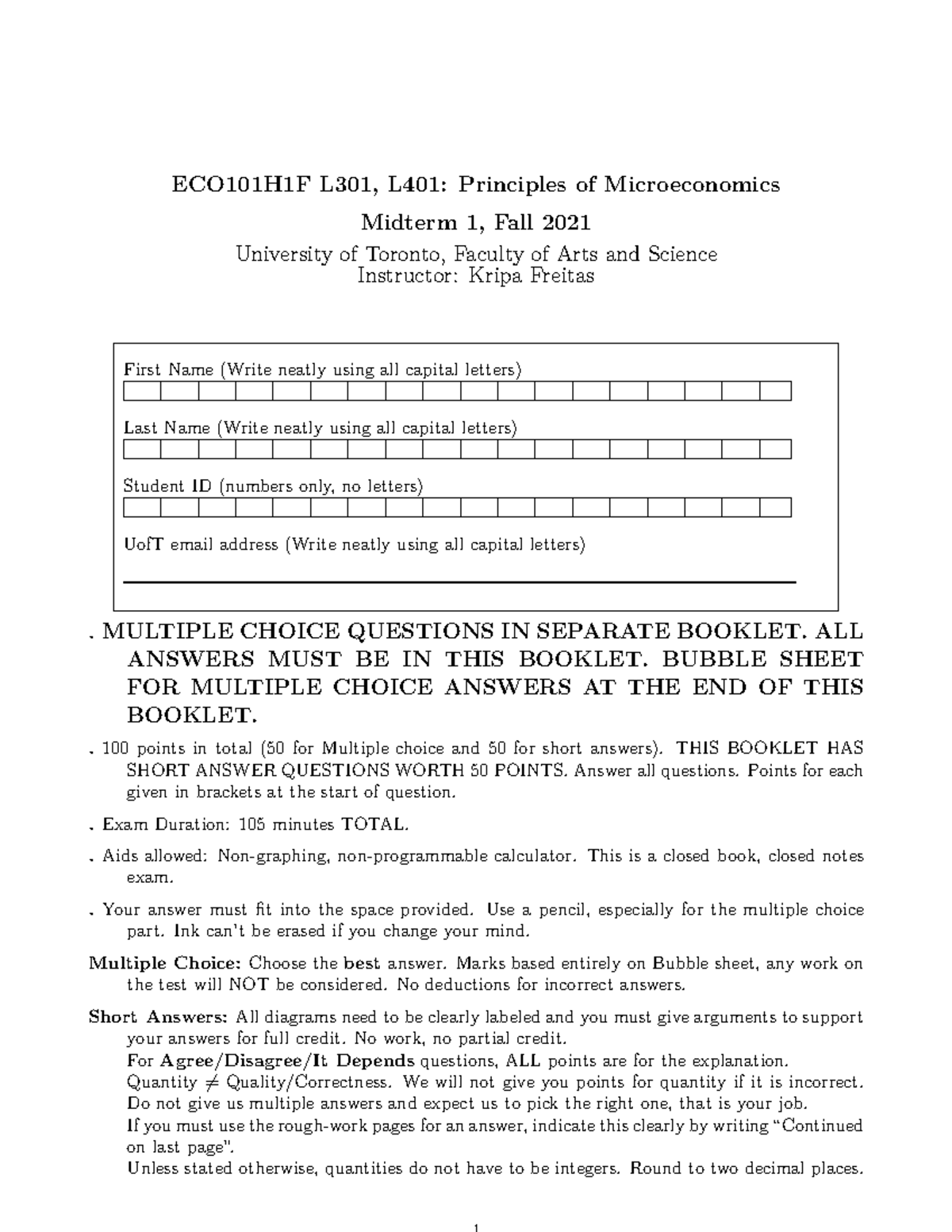 Eco101 Fall 2021 Midterm 1 Short Answer Questions And Solutions Eco101 Fall 2021 Midterm 1 Short Answer Questions And Solutions