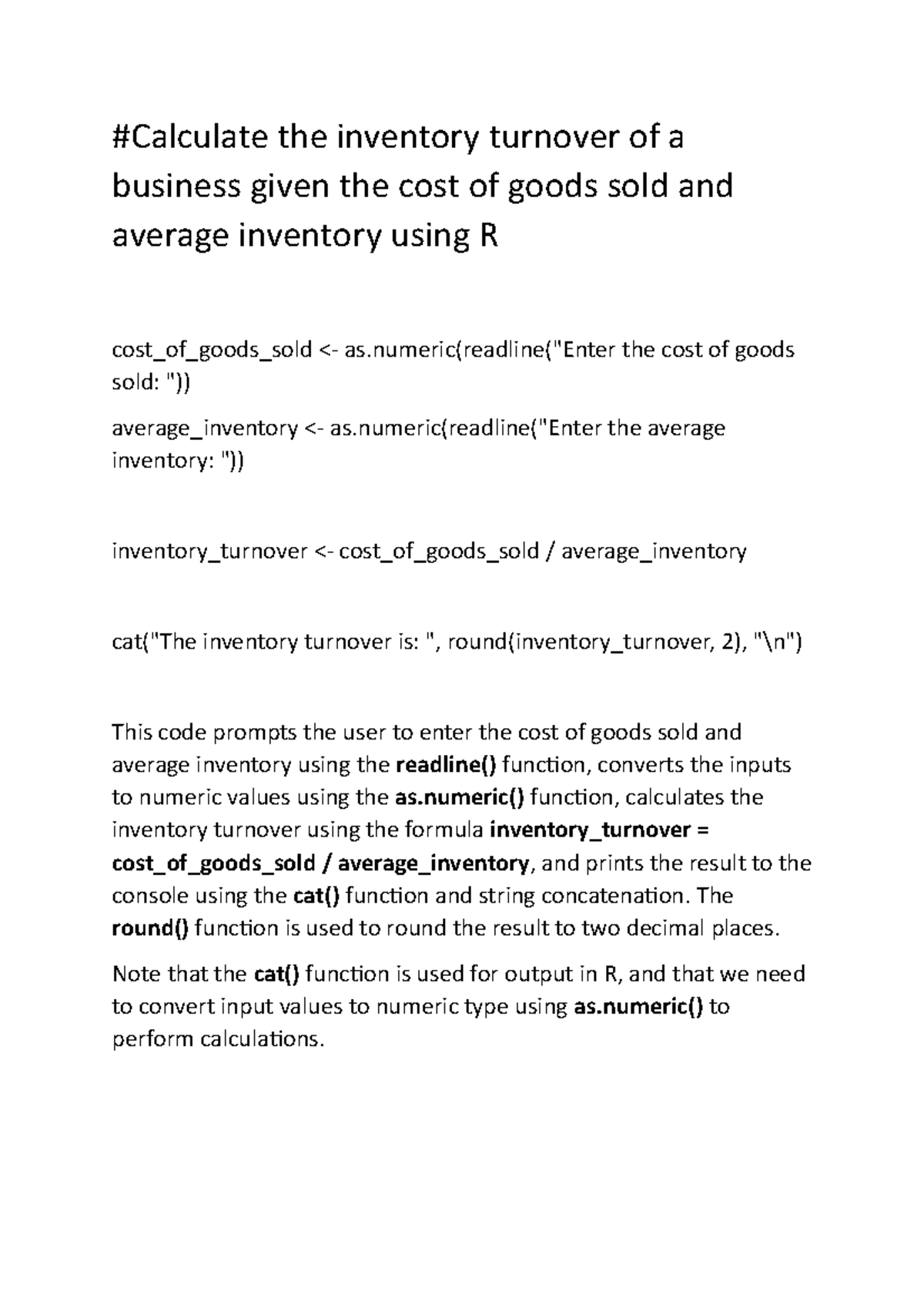 Goods sold and average inventory using R - #Calculate the inventory ...