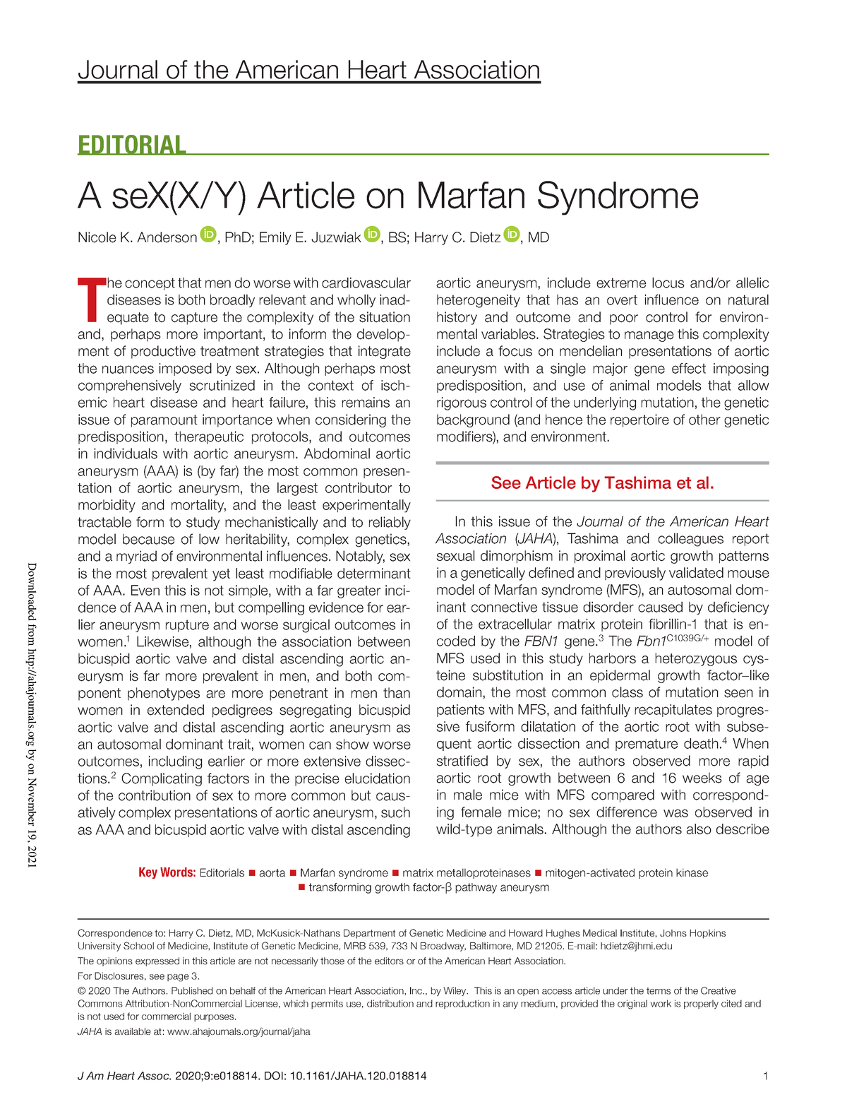 Marfan Syndrome Journal Of The American Heart Association Editorial A Sex X Y Article On