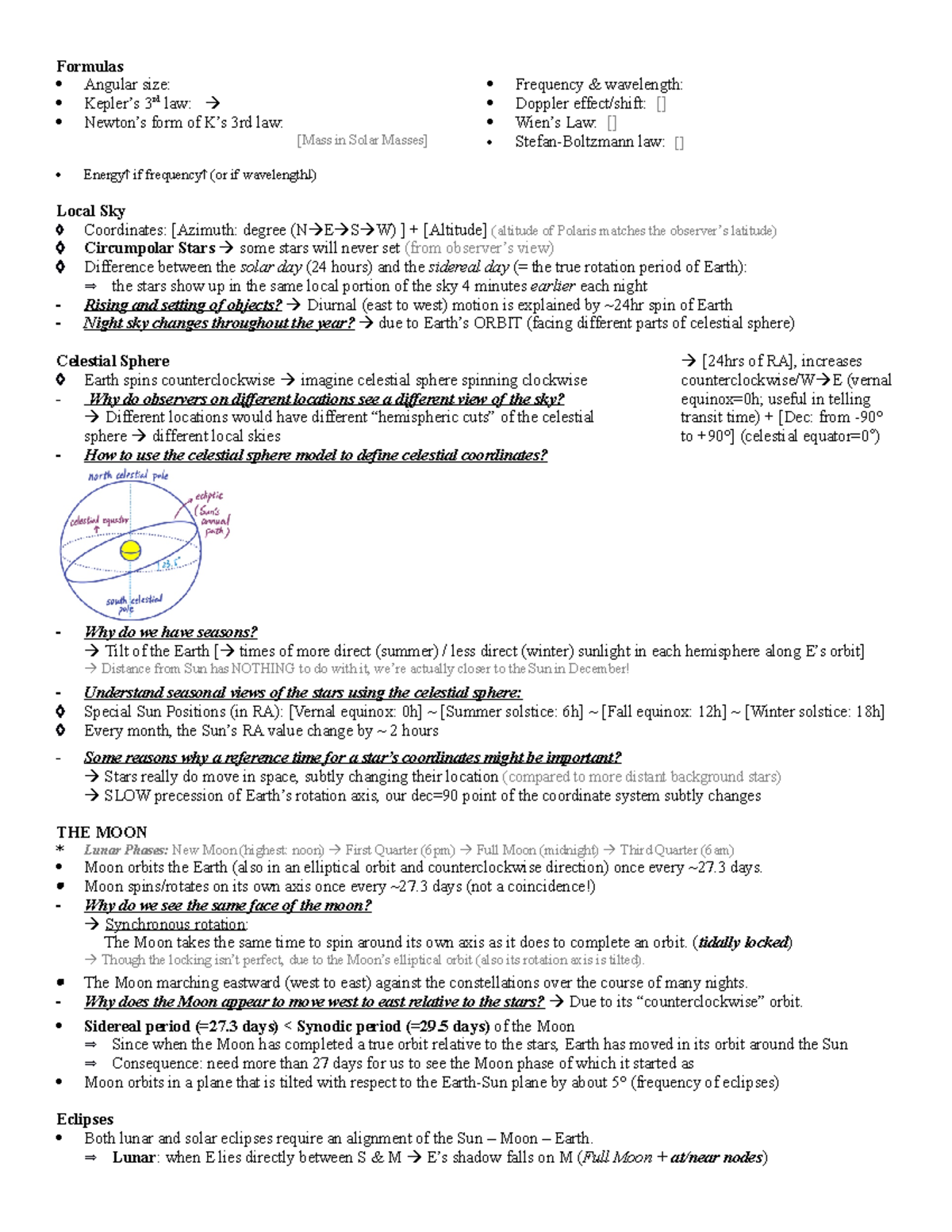 Review notes - Formulas Angular size: Kepler’s 3rd law: Newton’s form ...